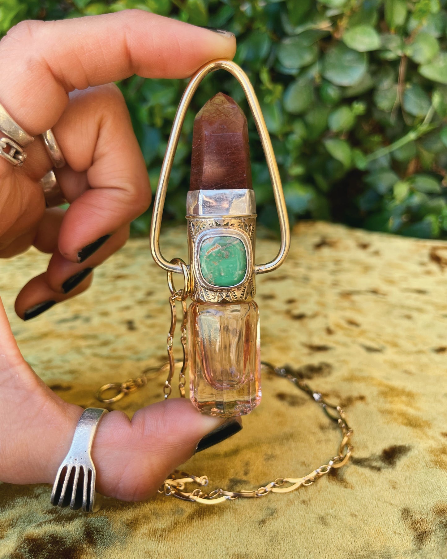 Red Rutilated Quartz & Variscite Rollerball Necklace