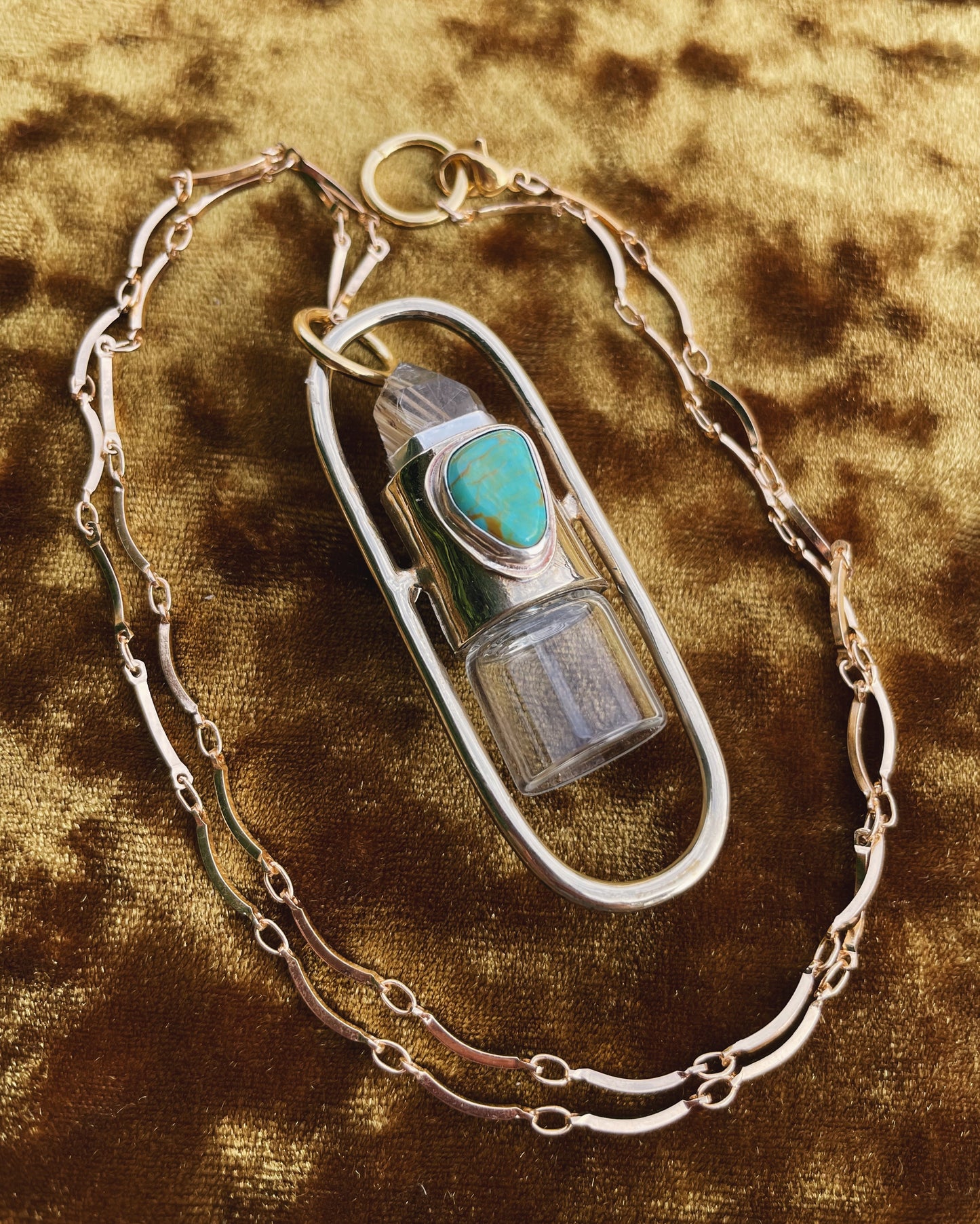 Brass Lucid - Rutilated Quartz + Campitos Turquoise Rollerball Necklace