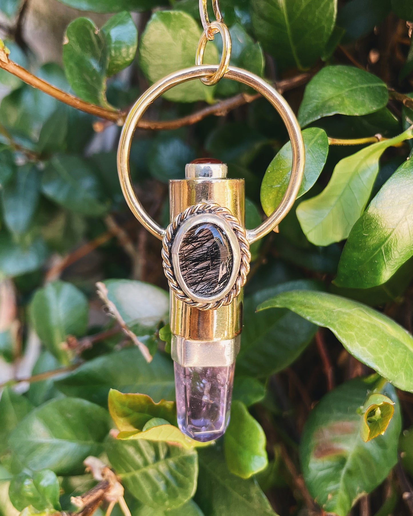 Eclipsed Rollerball Necklace Amethyst, Black Rutilated Quartz, and Carnelian.