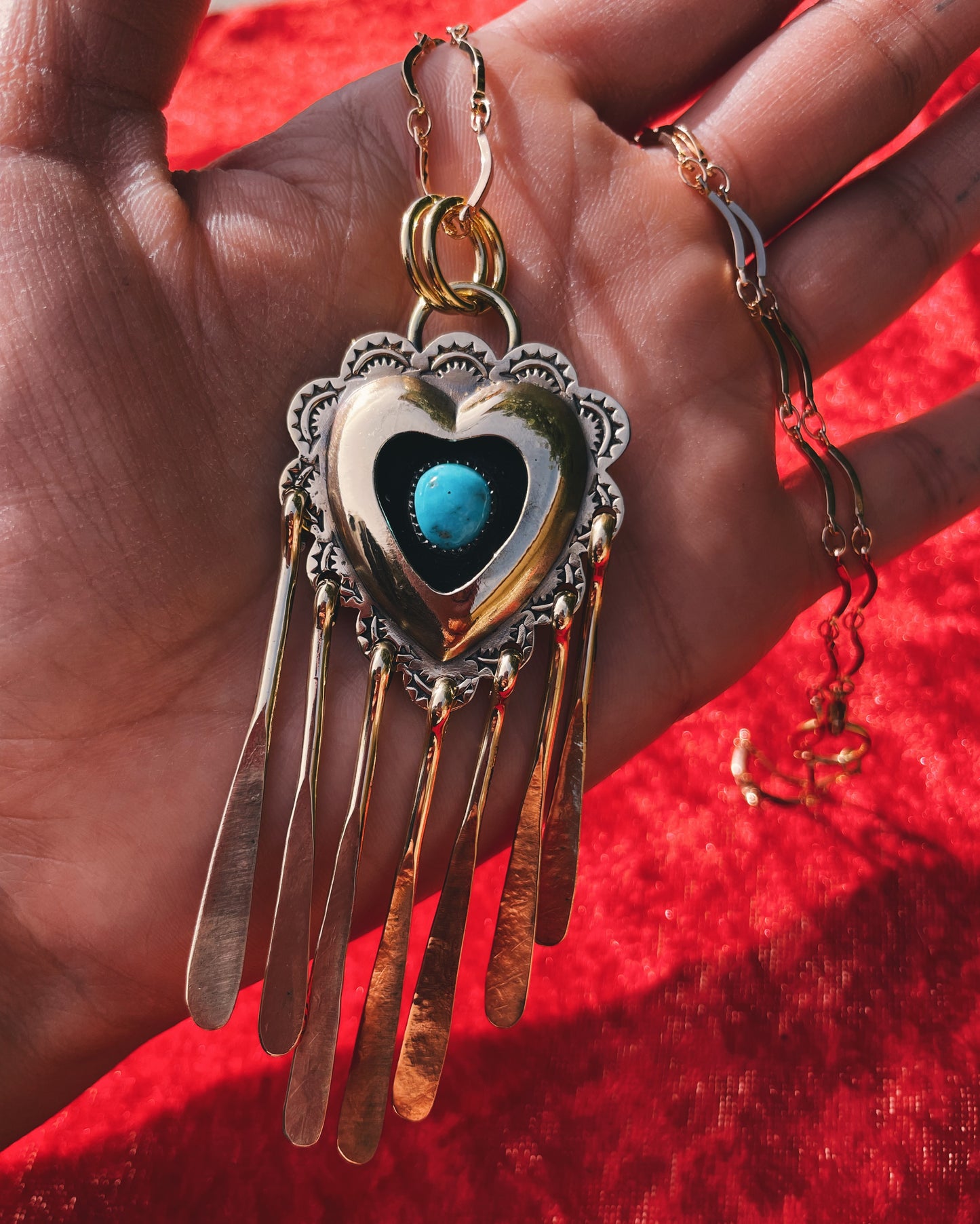 Turquoise Brass Heart shadowbox w/Fringe