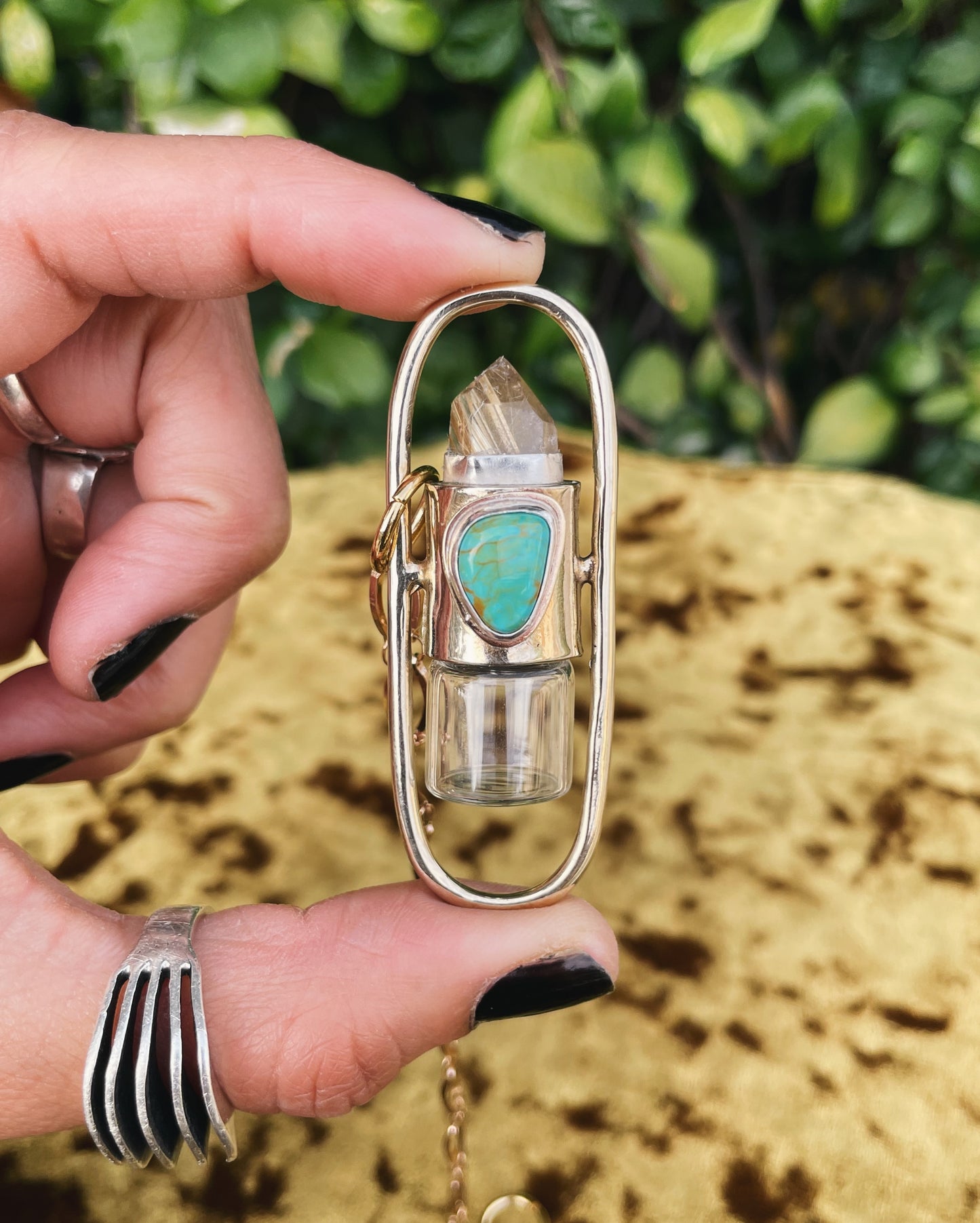 Brass Lucid - Rutilated Quartz + Campitos Turquoise Rollerball Necklace