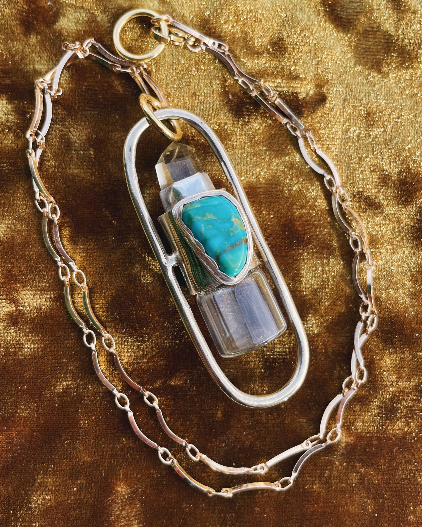 Brass Lucid - Quartz + Campitos Turquoise Rollerball Necklace