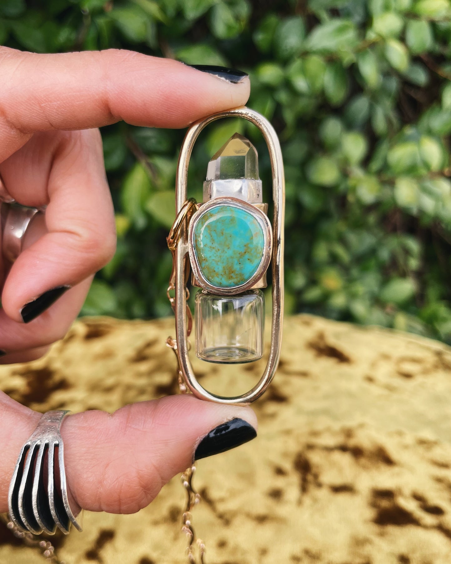 Brass Lucid - Quartz + Campitos Turquoise Rollerball Necklace