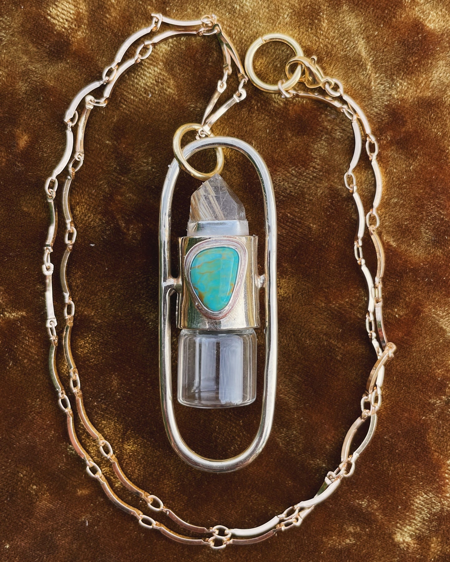 Brass Lucid - Rutilated Quartz + Campitos Turquoise Rollerball Necklace