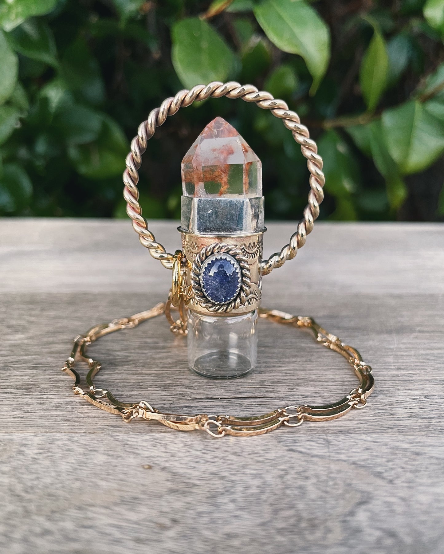 Brass Amphibole Quartz & Tanzanite Rollerball Necklace
