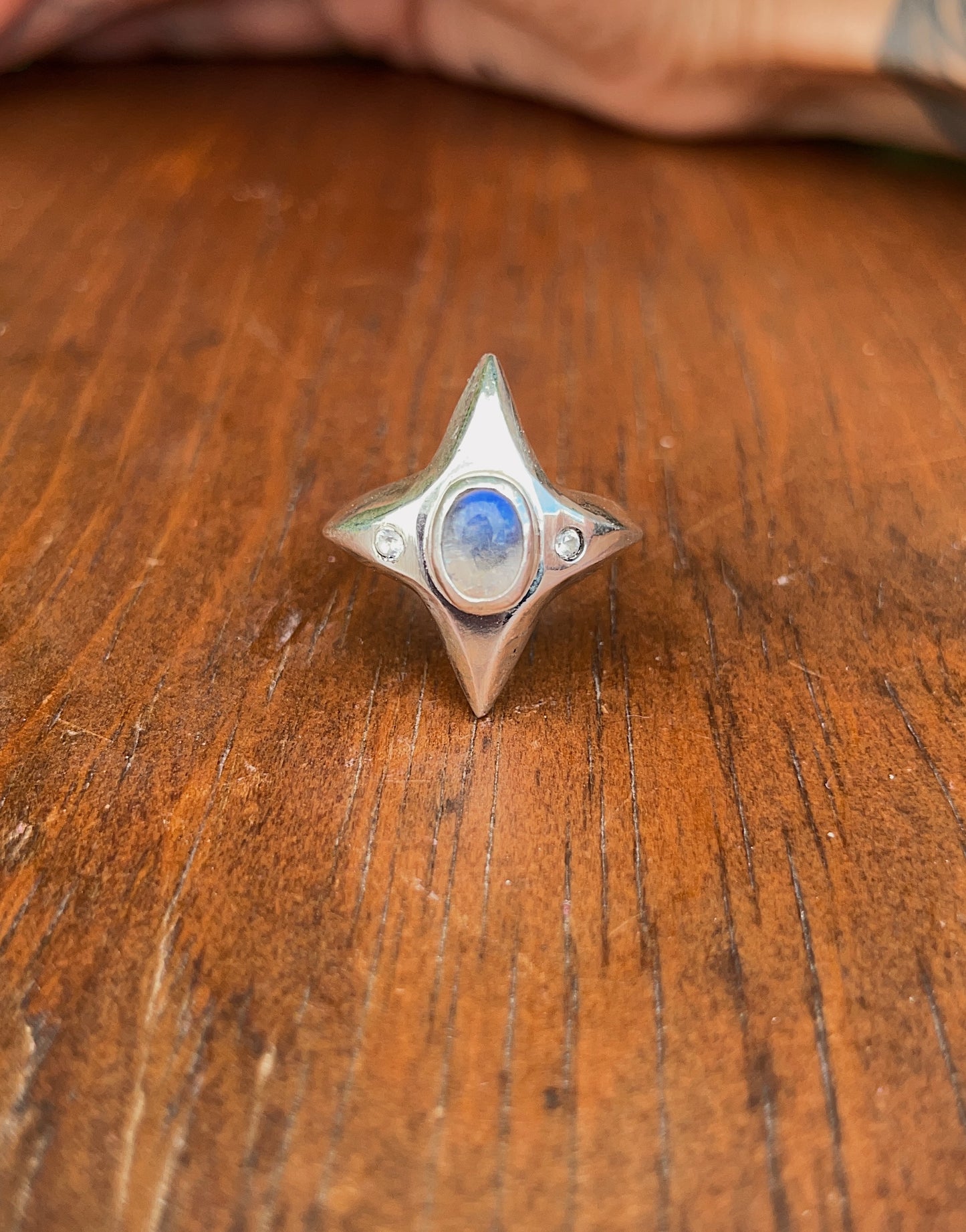 Stardust Rainbow Moonstone & White Topaz Ring sz 8