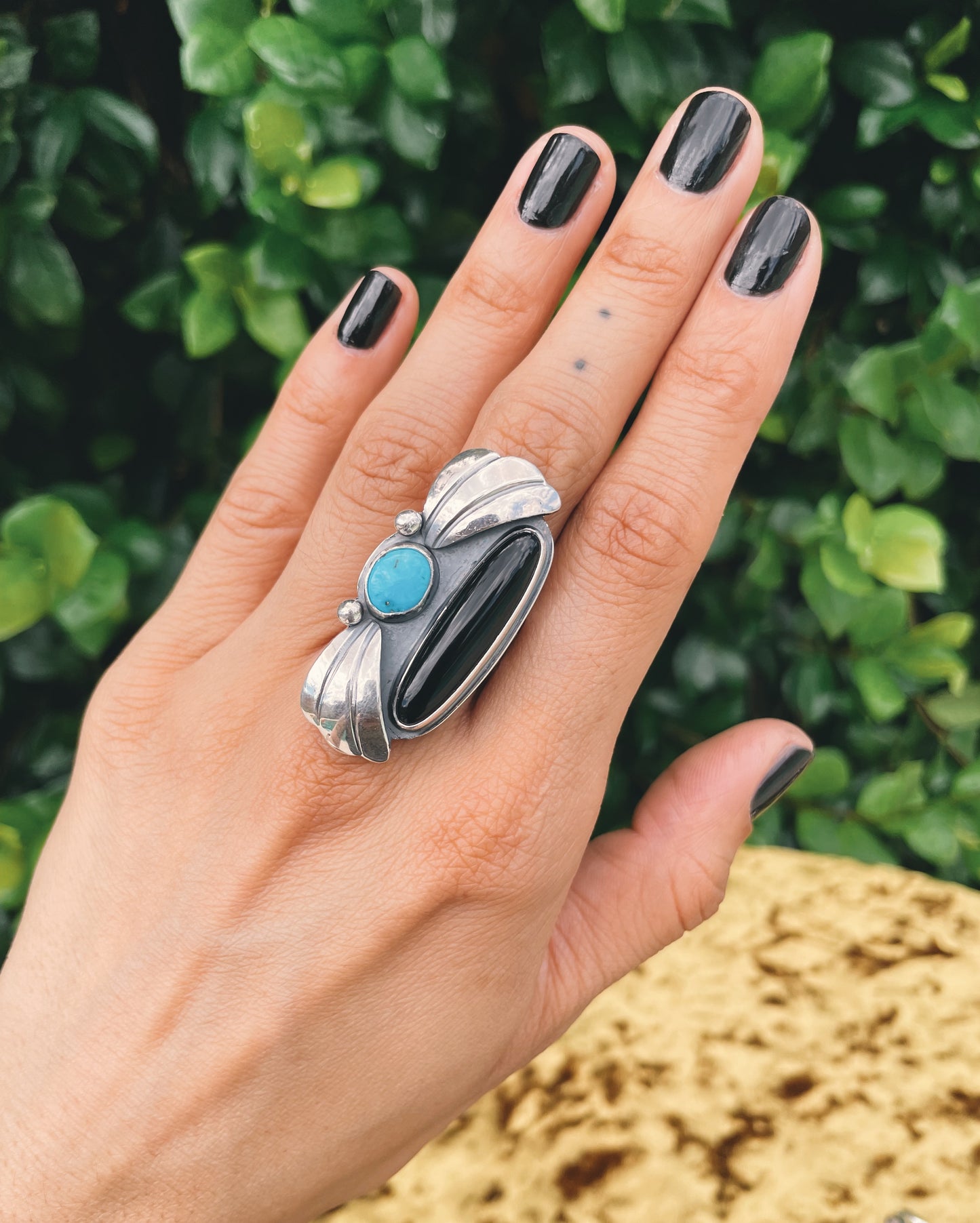 Onyx & Turquoise Ring sz8