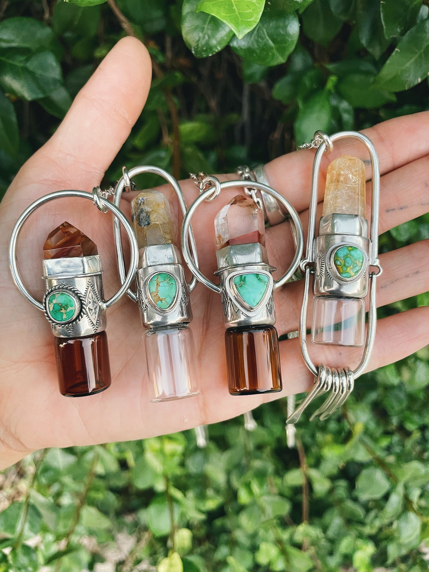 Gold Rutilated Quartz & Sonoran Turquoise Sterling Silver Rollerball Necklace