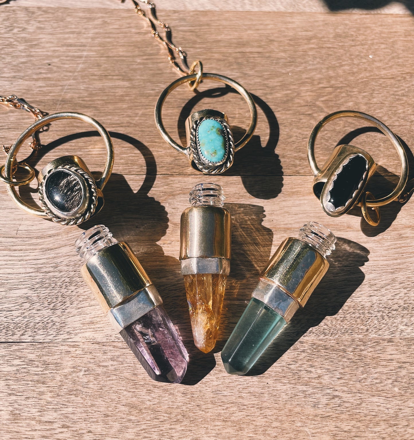 Eclipsed Rollerball Necklace Sonoran Turquoise, Citrine , and Onyx.