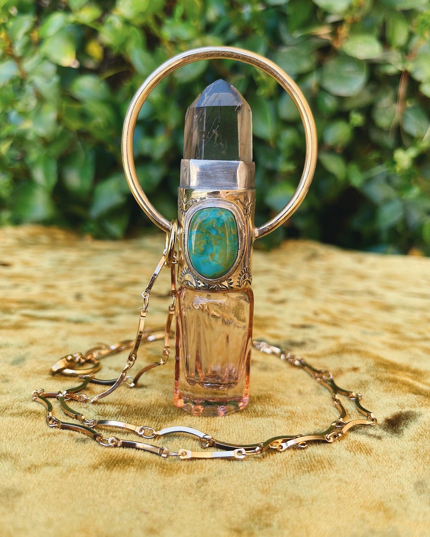 Black Rutilated Quartz & Turquoise Rollerball Necklace
