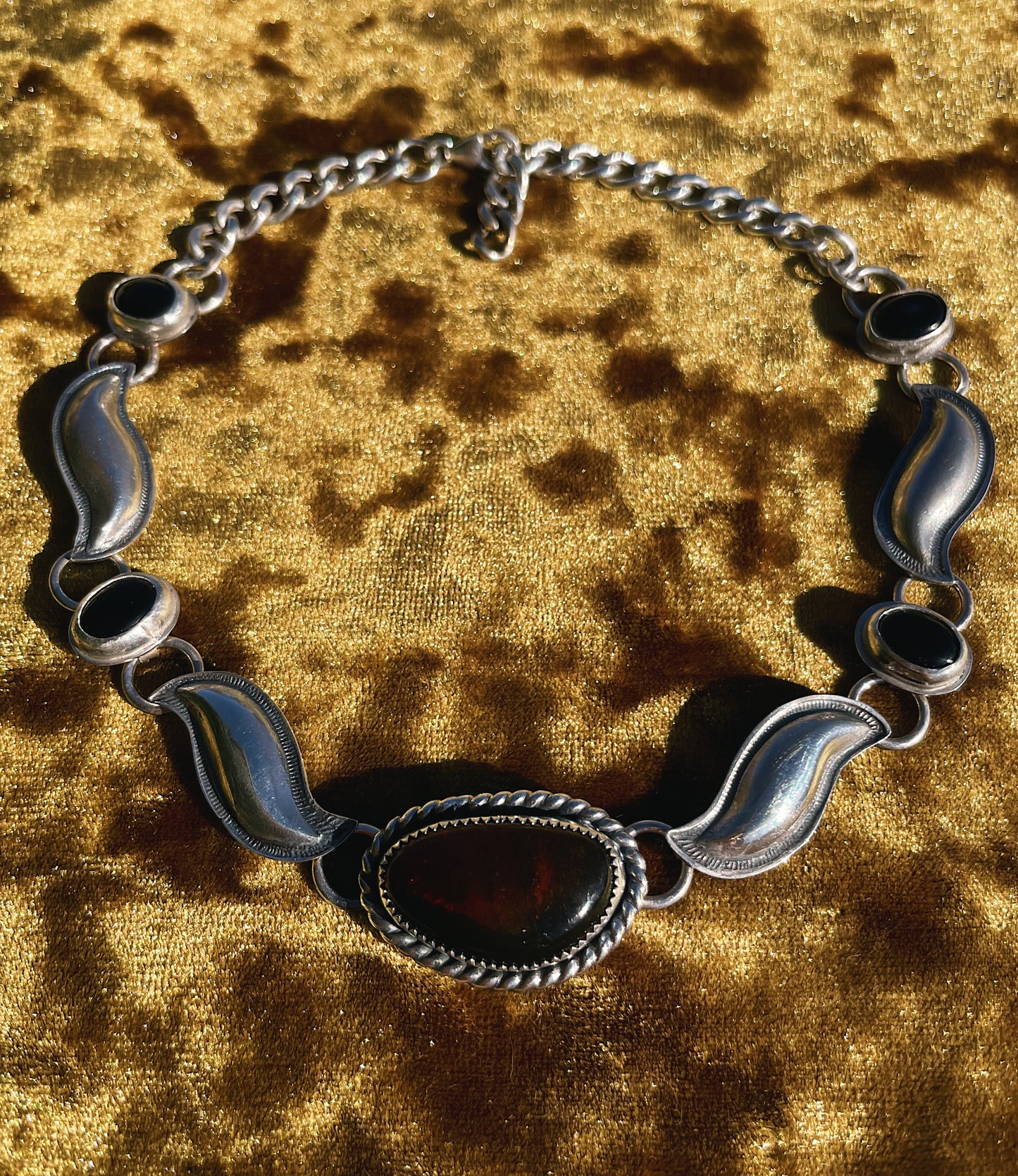 Mexican Red Amber & Black Onyx Sterling Silver Choker Necklace