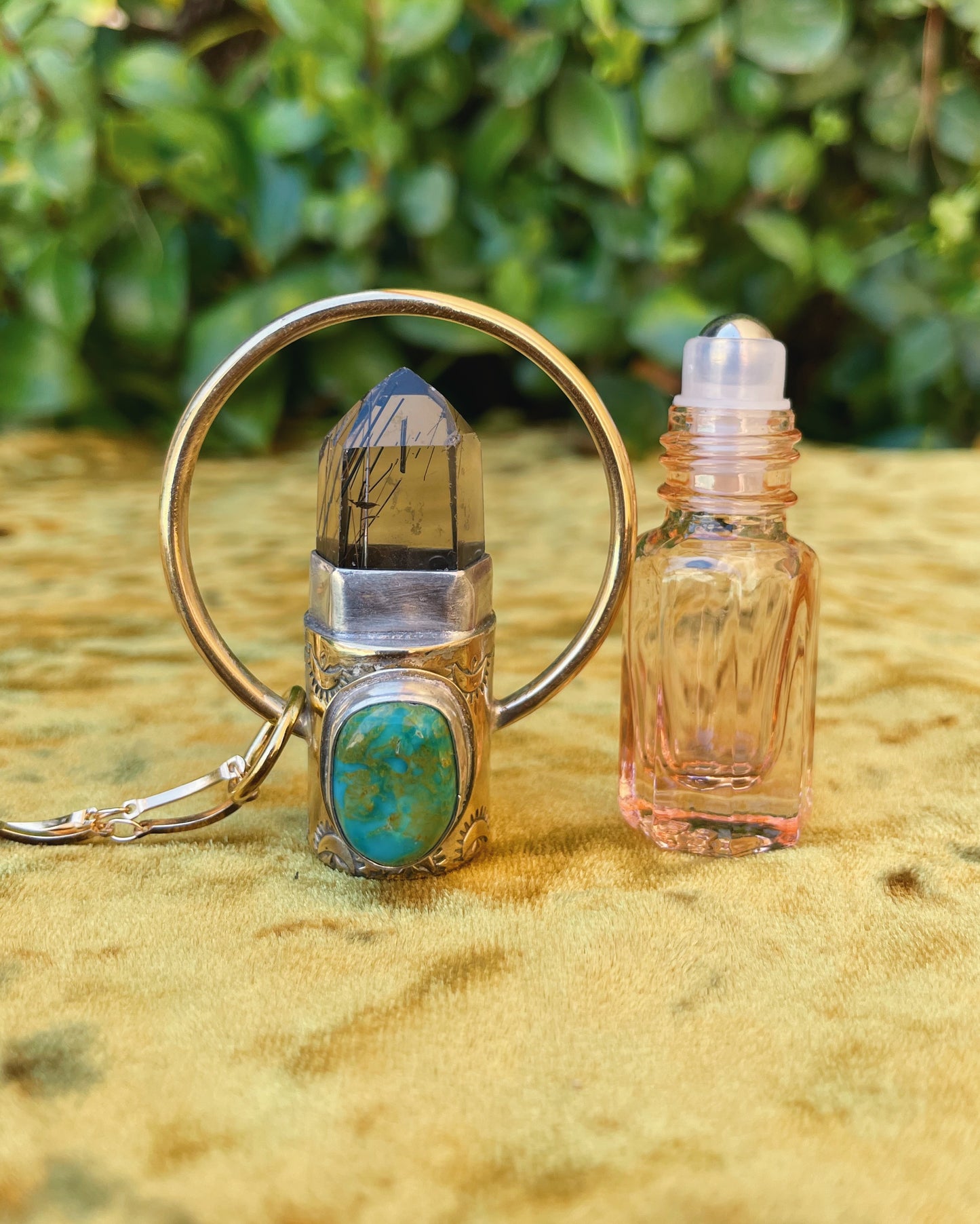 Black Rutilated Quartz & Turquoise Rollerball Necklace