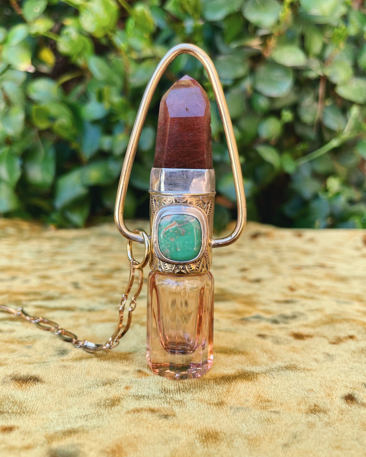 Red Rutilated Quartz & Variscite Rollerball Necklace