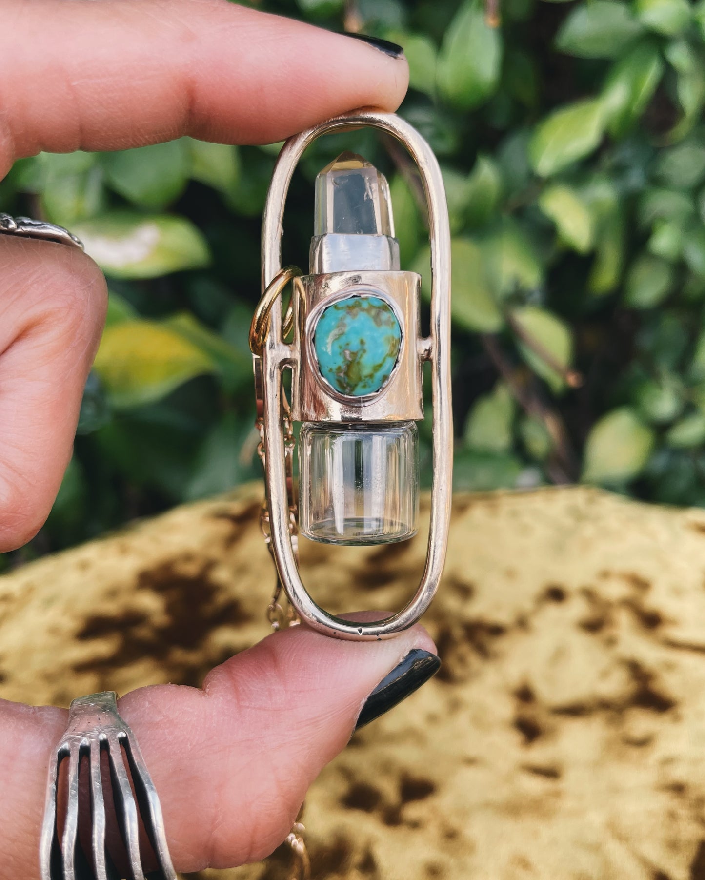 Brass Lucid - Quartz + Campitos Turquoise Rollerball Necklace