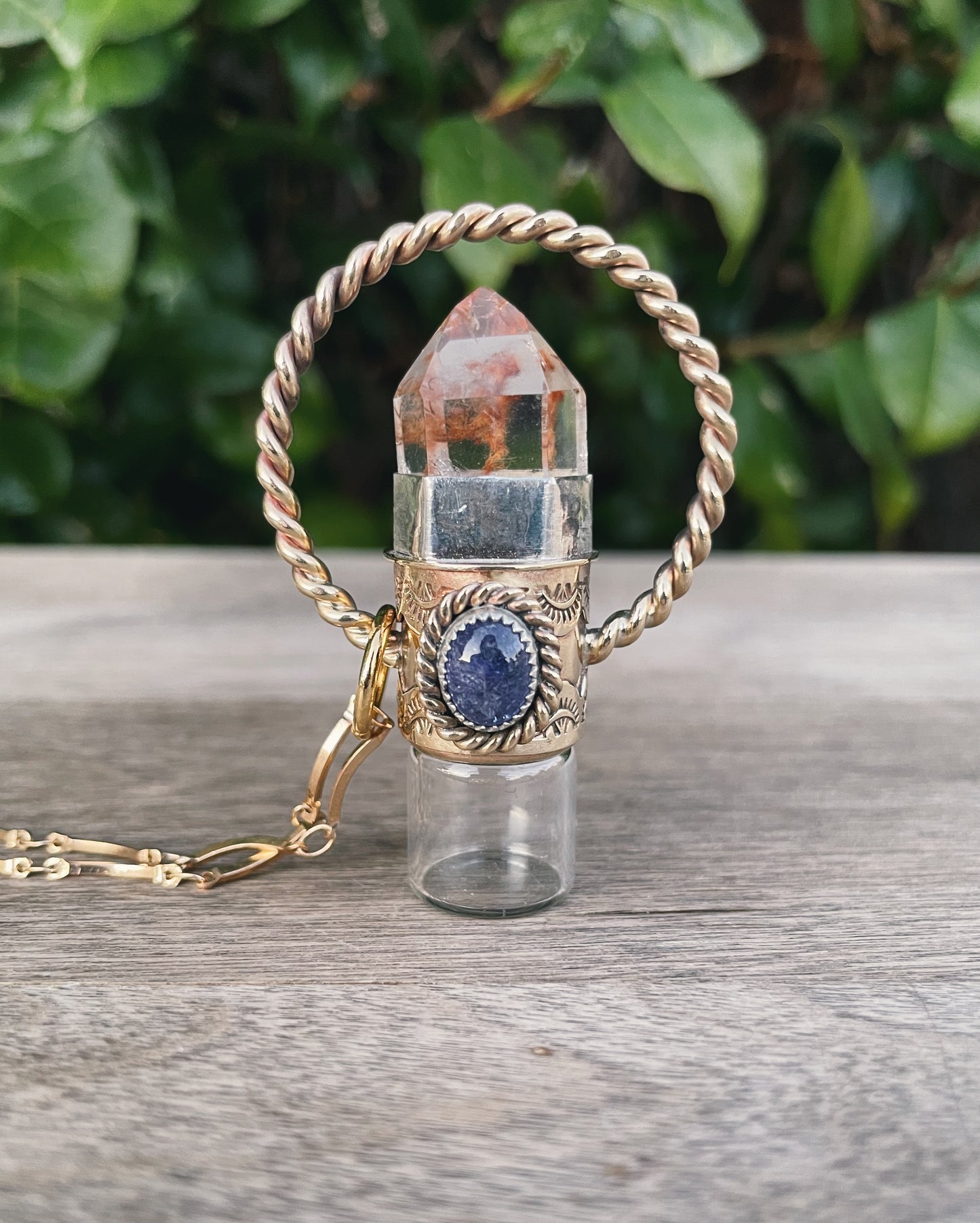 Brass Amphibole Quartz & Tanzanite Rollerball Necklace