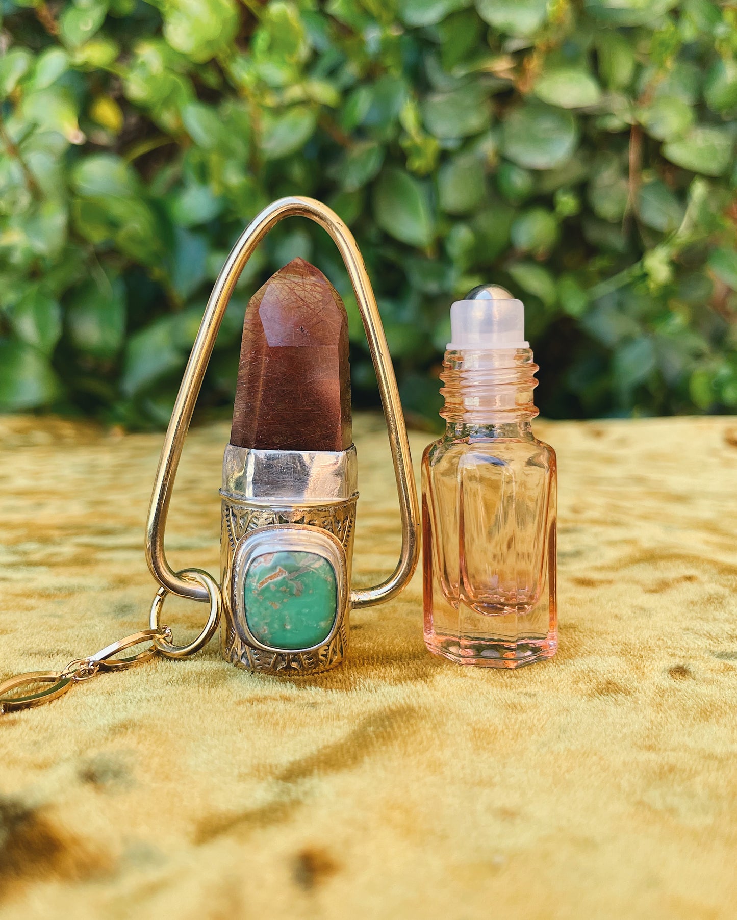Red Rutilated Quartz & Variscite Rollerball Necklace