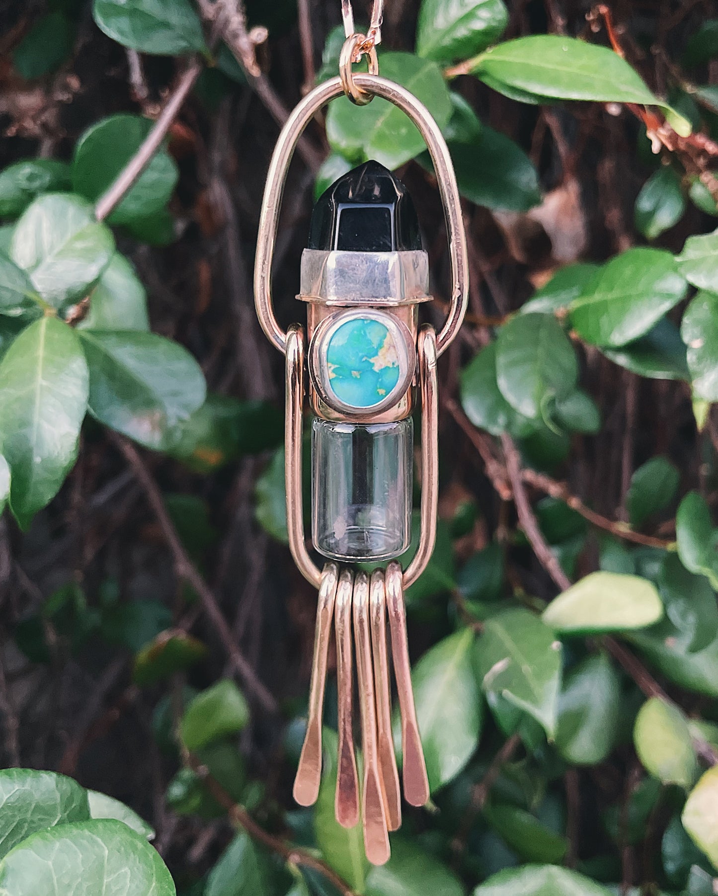 Brass Fringe- Falcons Eye & Sonoran Turquoise Rollerball Necklace