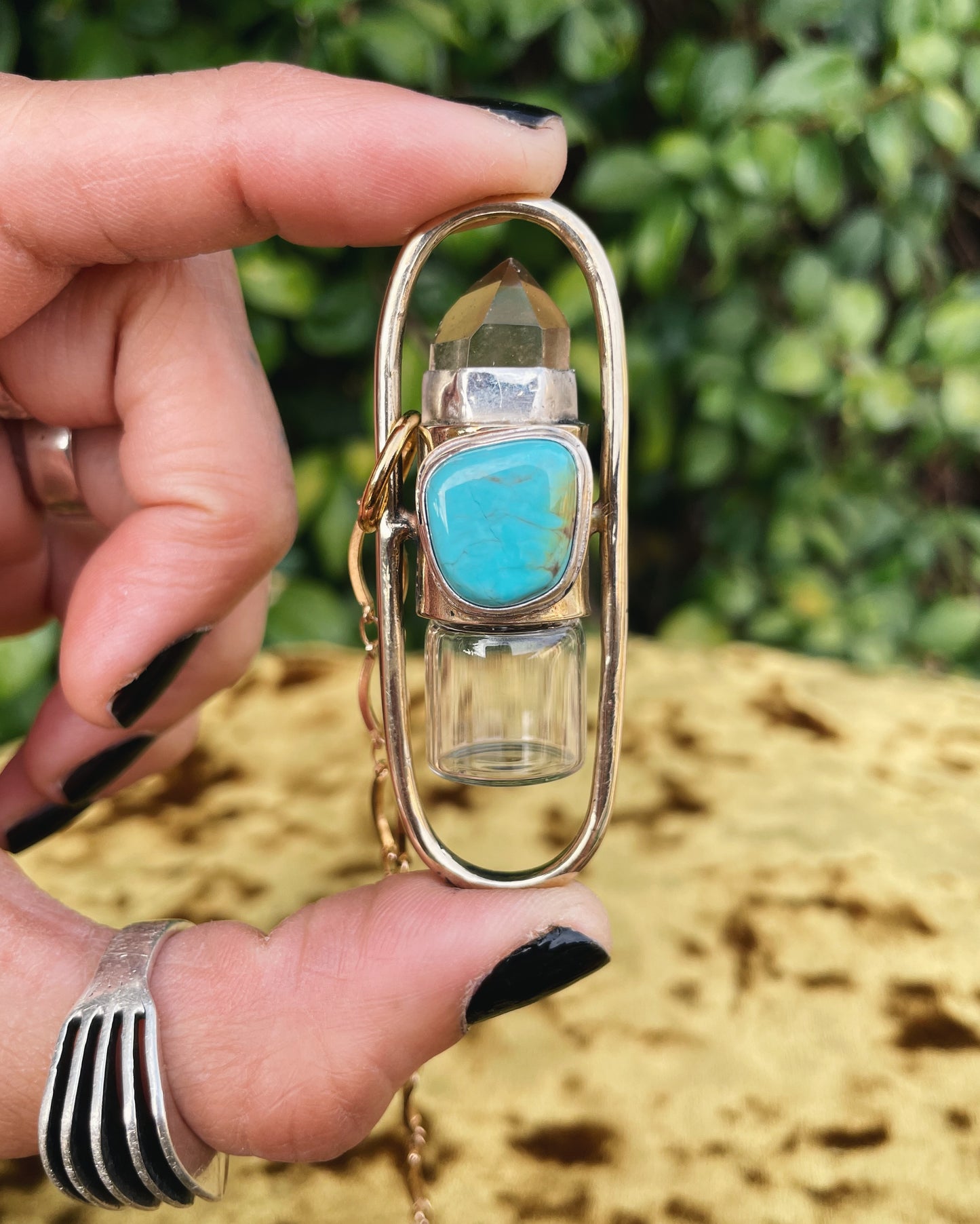 Brass Lucid - Quartz + Campitos Turquoise Rollerball Necklace