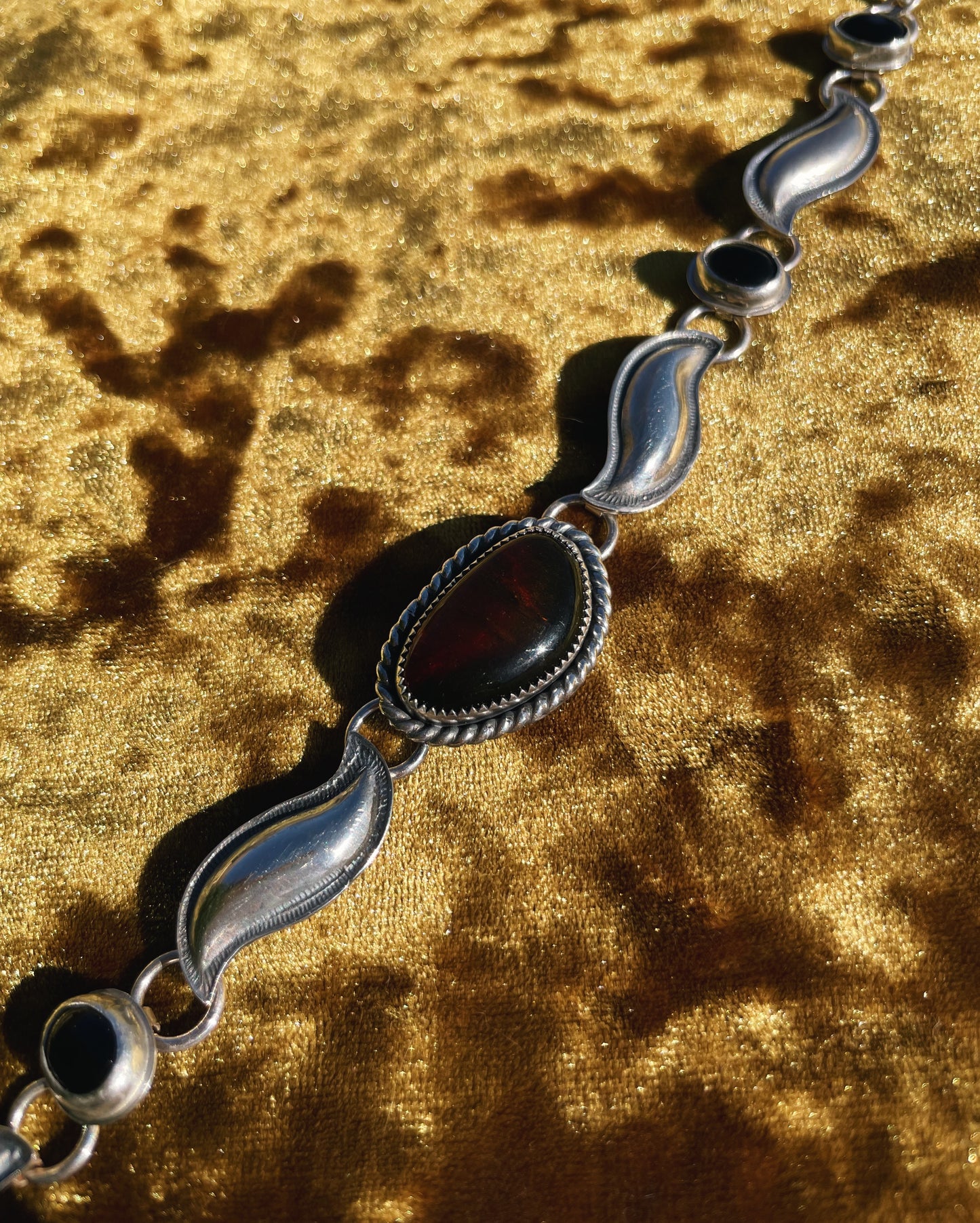 Mexican Red Amber & Black Onyx Sterling Silver Choker Necklace