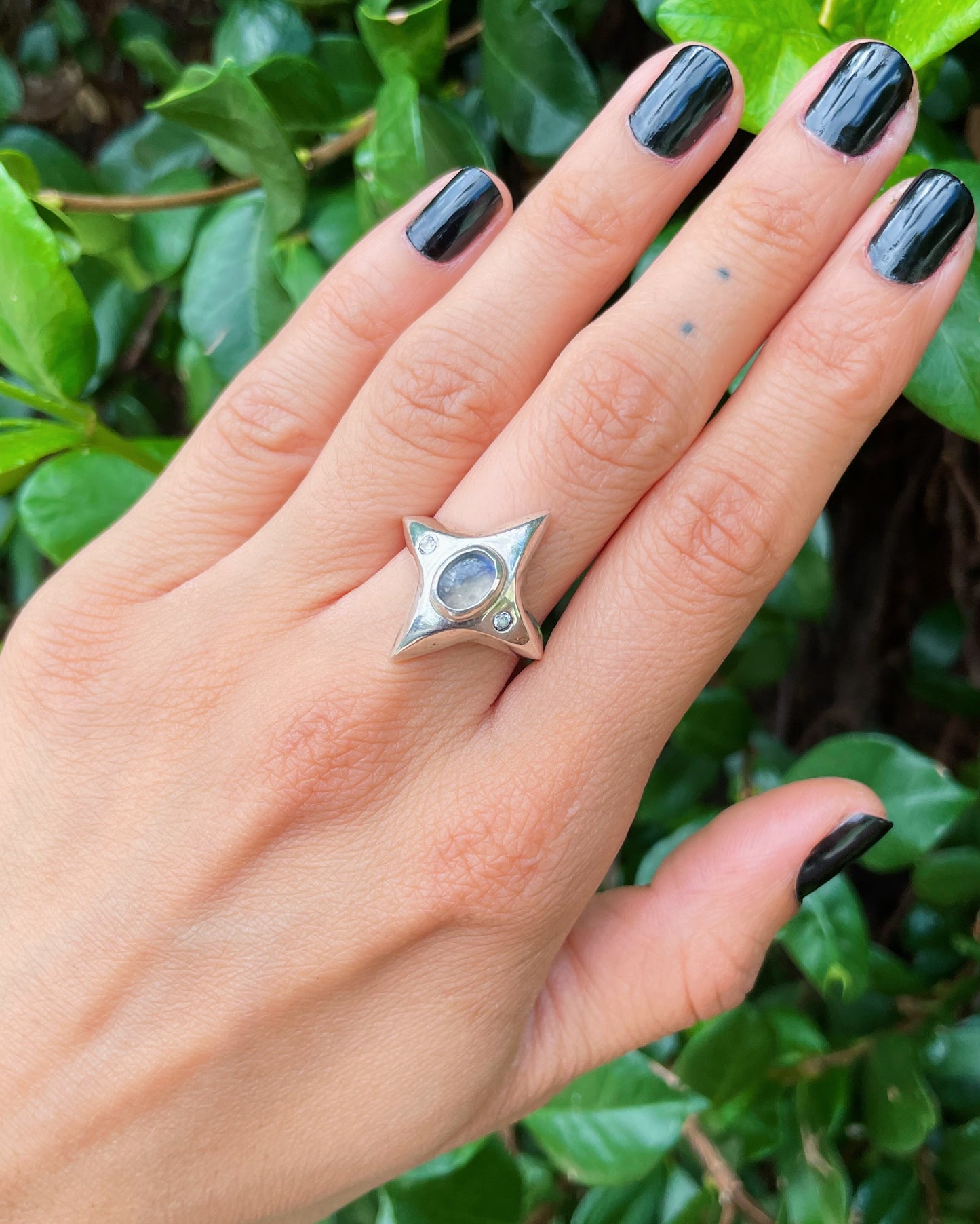 Stardust Rainbow Moonstone & White Topaz Ring sz 8