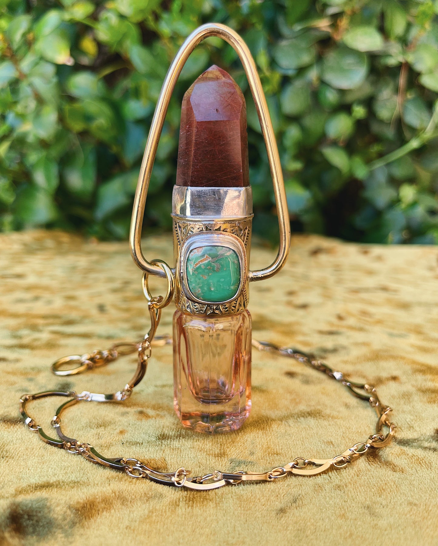 Red Rutilated Quartz & Variscite Rollerball Necklace