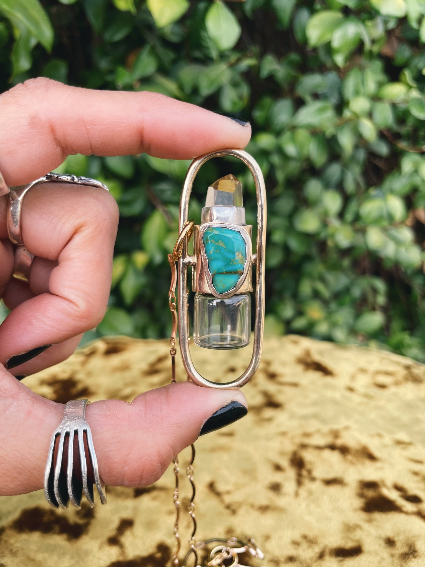 Brass Lucid - Quartz + Campitos Turquoise Rollerball Necklace