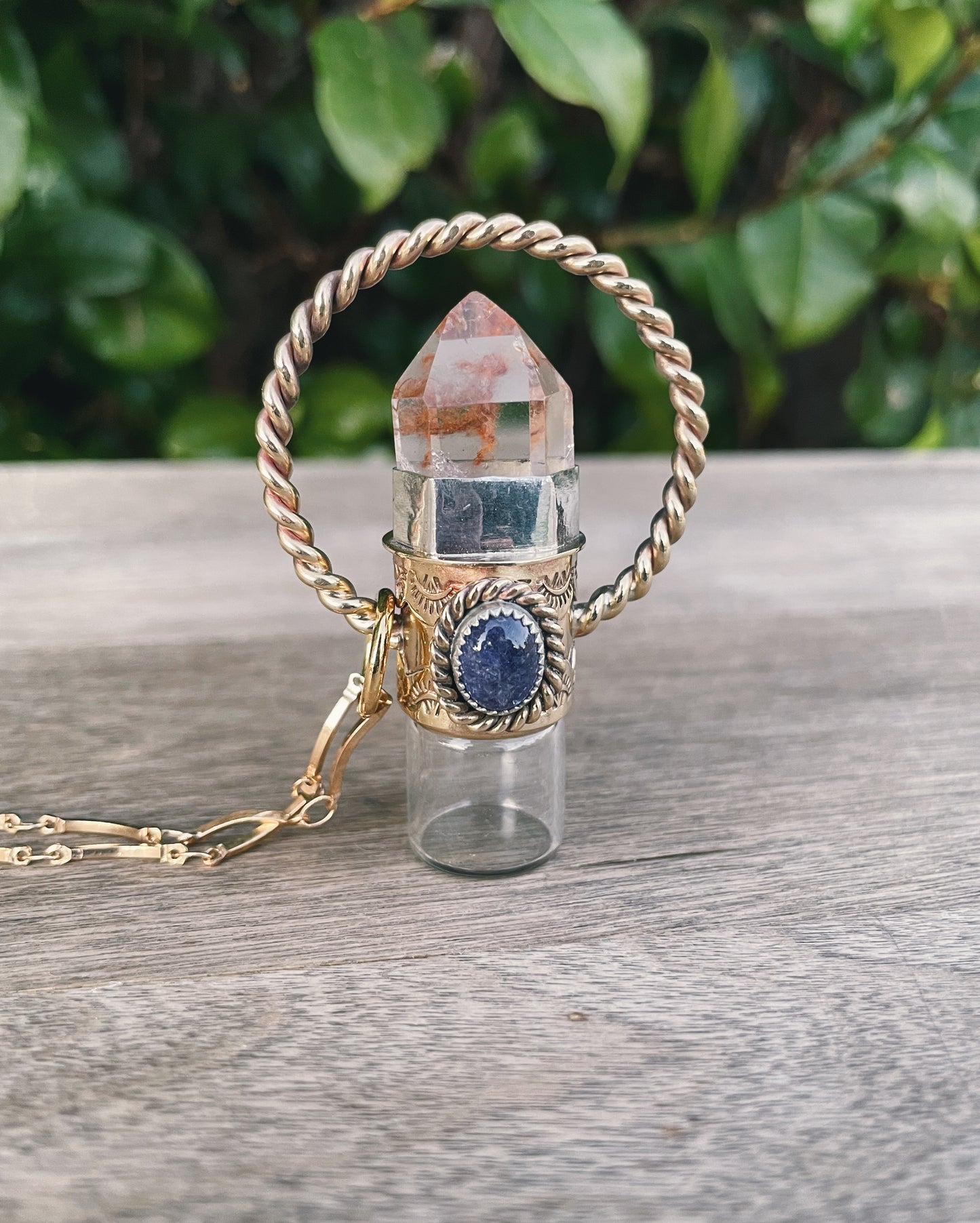 Brass Amphibole Quartz & Tanzanite Rollerball Necklace