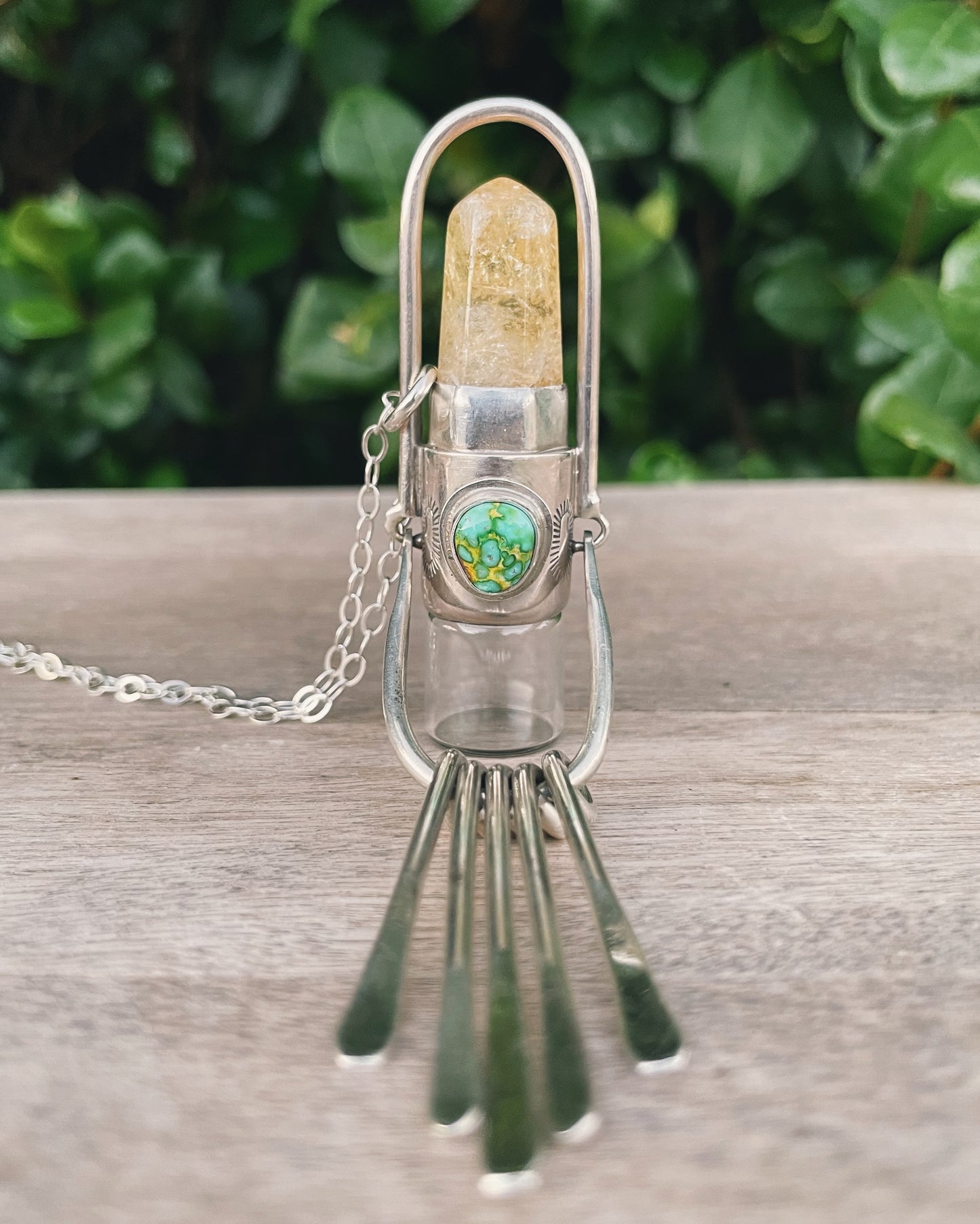 Sterling Silver Fringe - Lemon Quartz and Sonoran Turquoise Rollerball Necklace