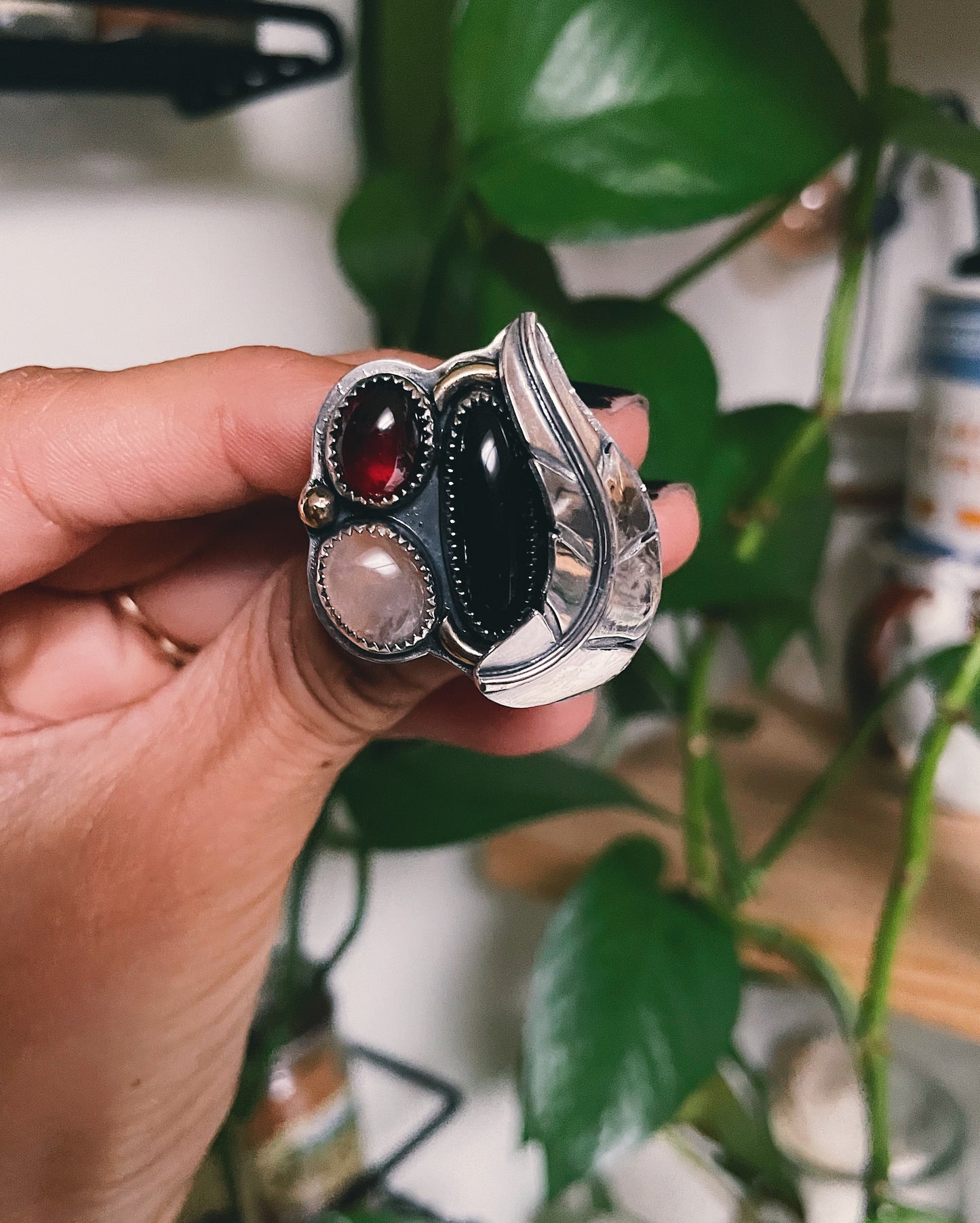 Garnet, Rose Quartz, Black Onyx Zodiac Ring