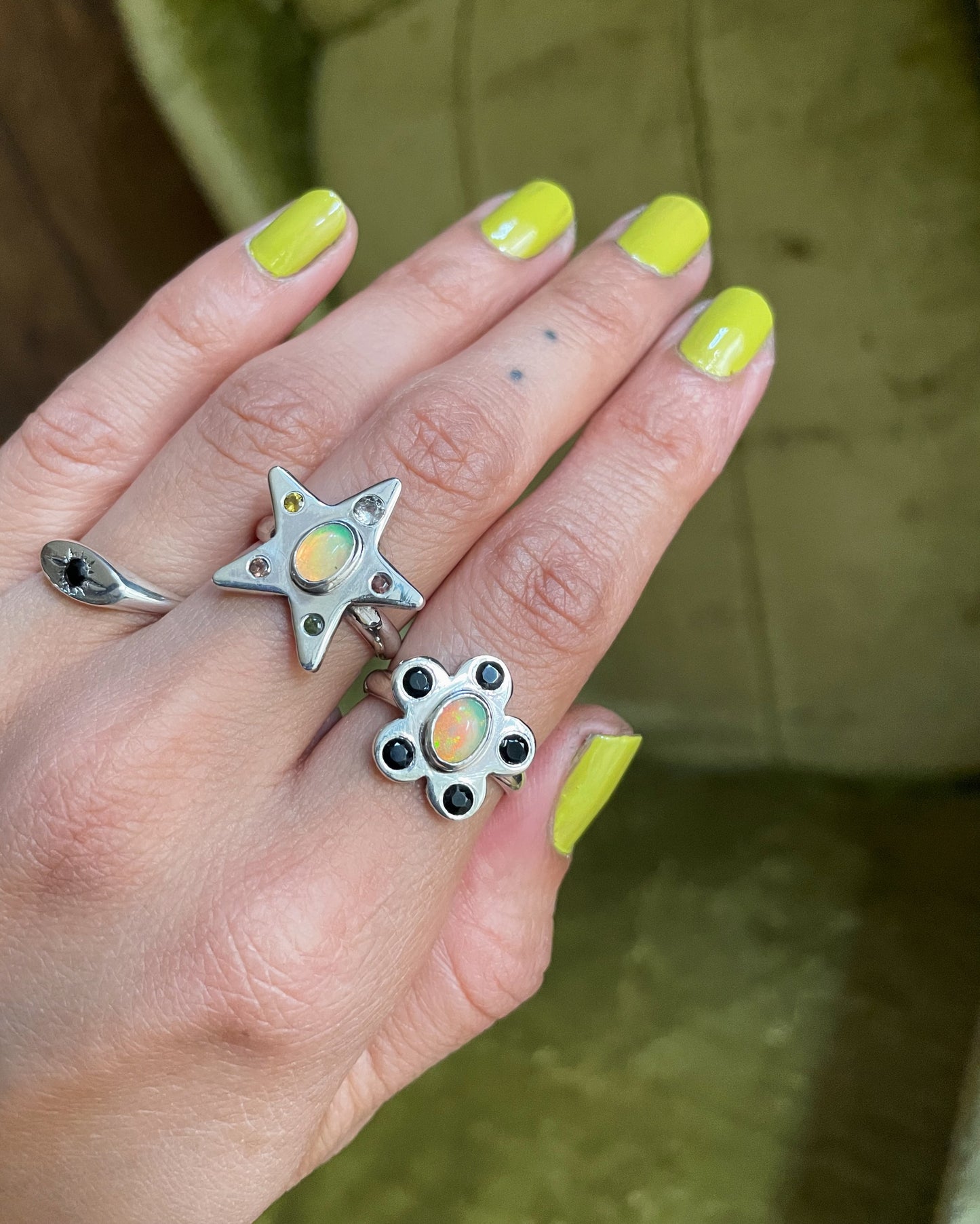 Sterling Star, Ethiopian Opal, White Topaz, Rainbow Tourmaline. Sz 7