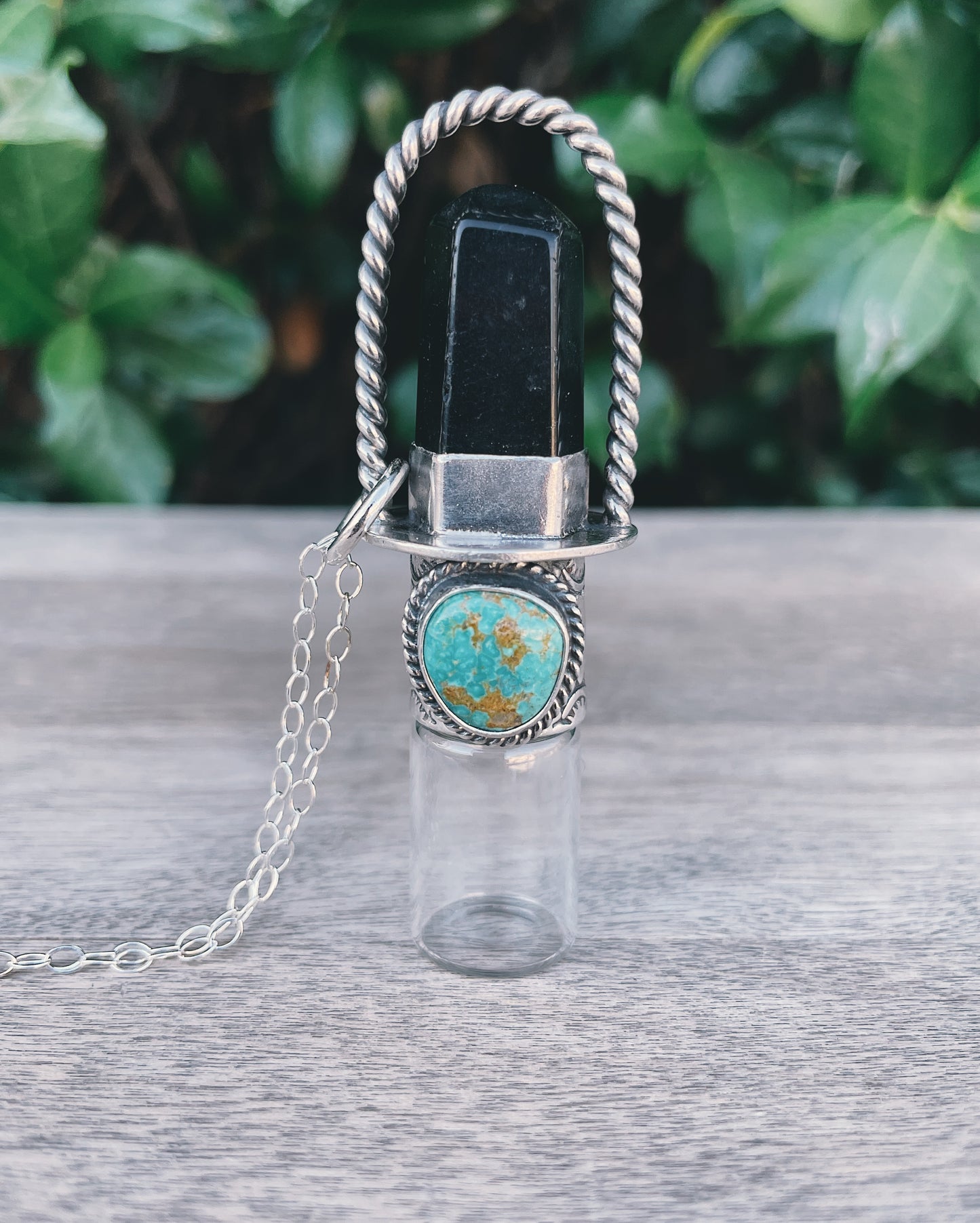 Obsidian + Sonoran Gold Turquoise and Sterling Silver Rollerball Necklace