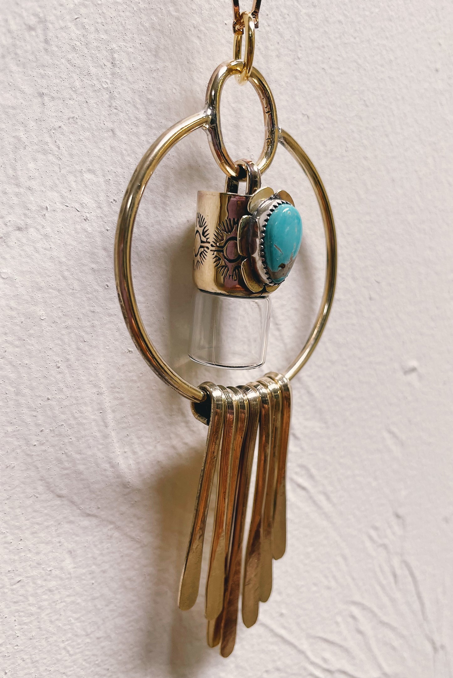 Brass Oleum Dream Catcher - Morenci Turquoise Rollerball Necklace