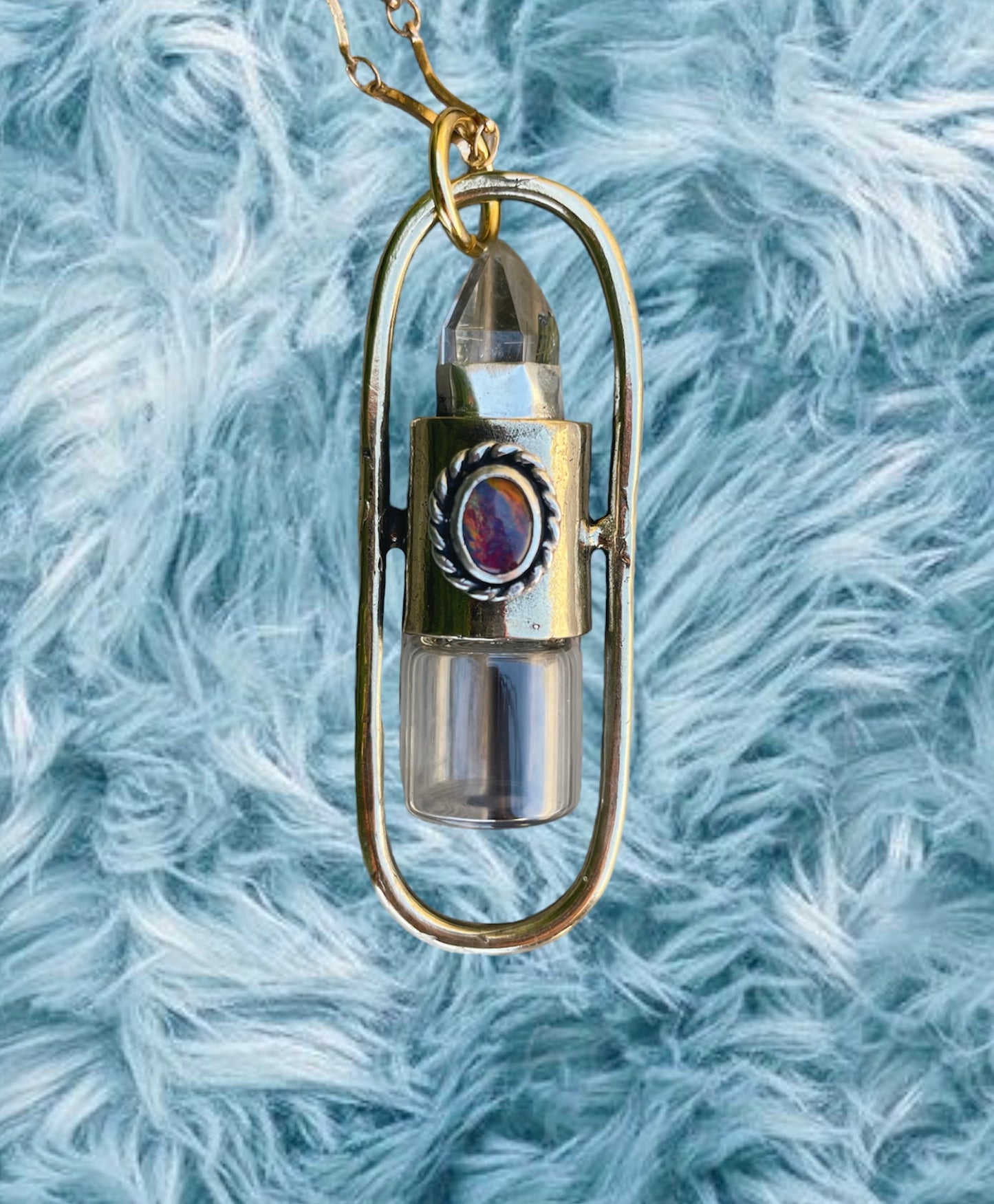 Brass Lucid - Green Rutilated Quartz + Australian Opal Rollerball Necklace