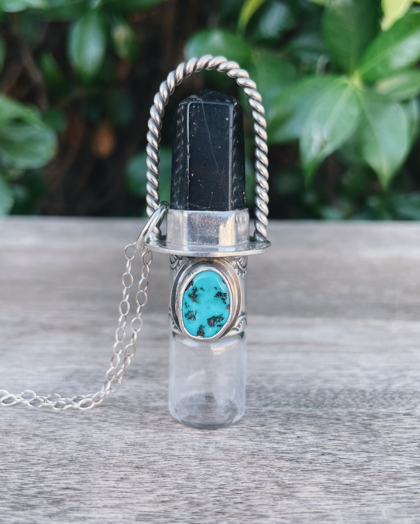 Obsidian with Sleeping Beauty Turquoise and Sterling Silver Rollerball Necklace(stamped)