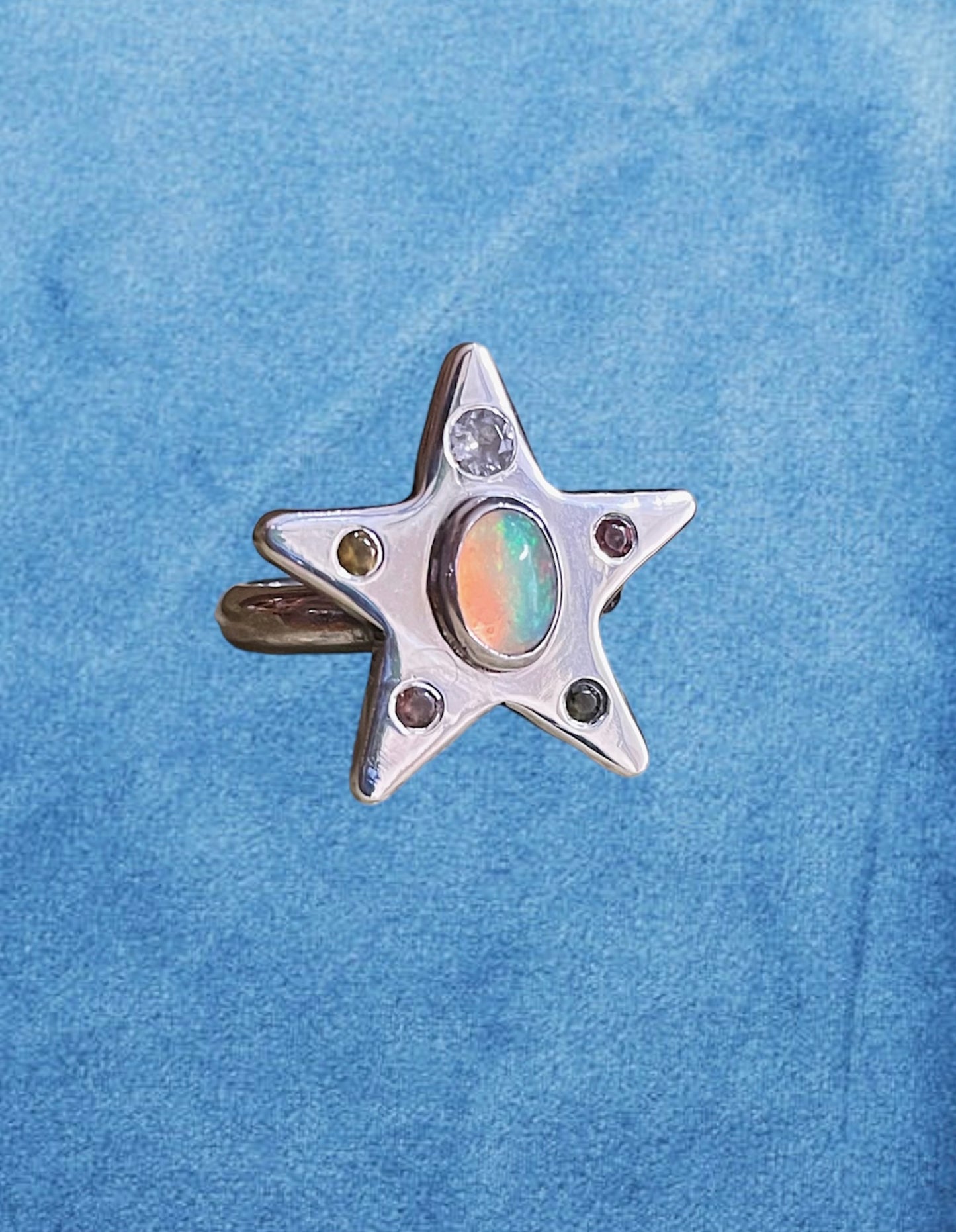 Sterling Star, Ethiopian Opal, White Topaz, Rainbow Tourmaline. Sz 7