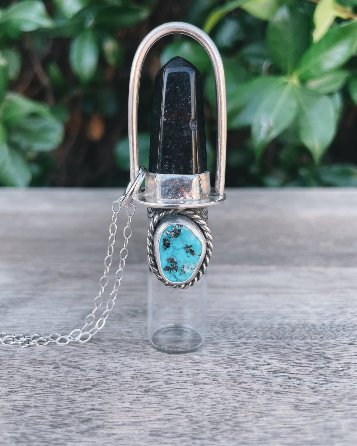 Obsidian with Sleeping Beauty Turquoise and Sterling Silver Rollerball Necklace(stamped)