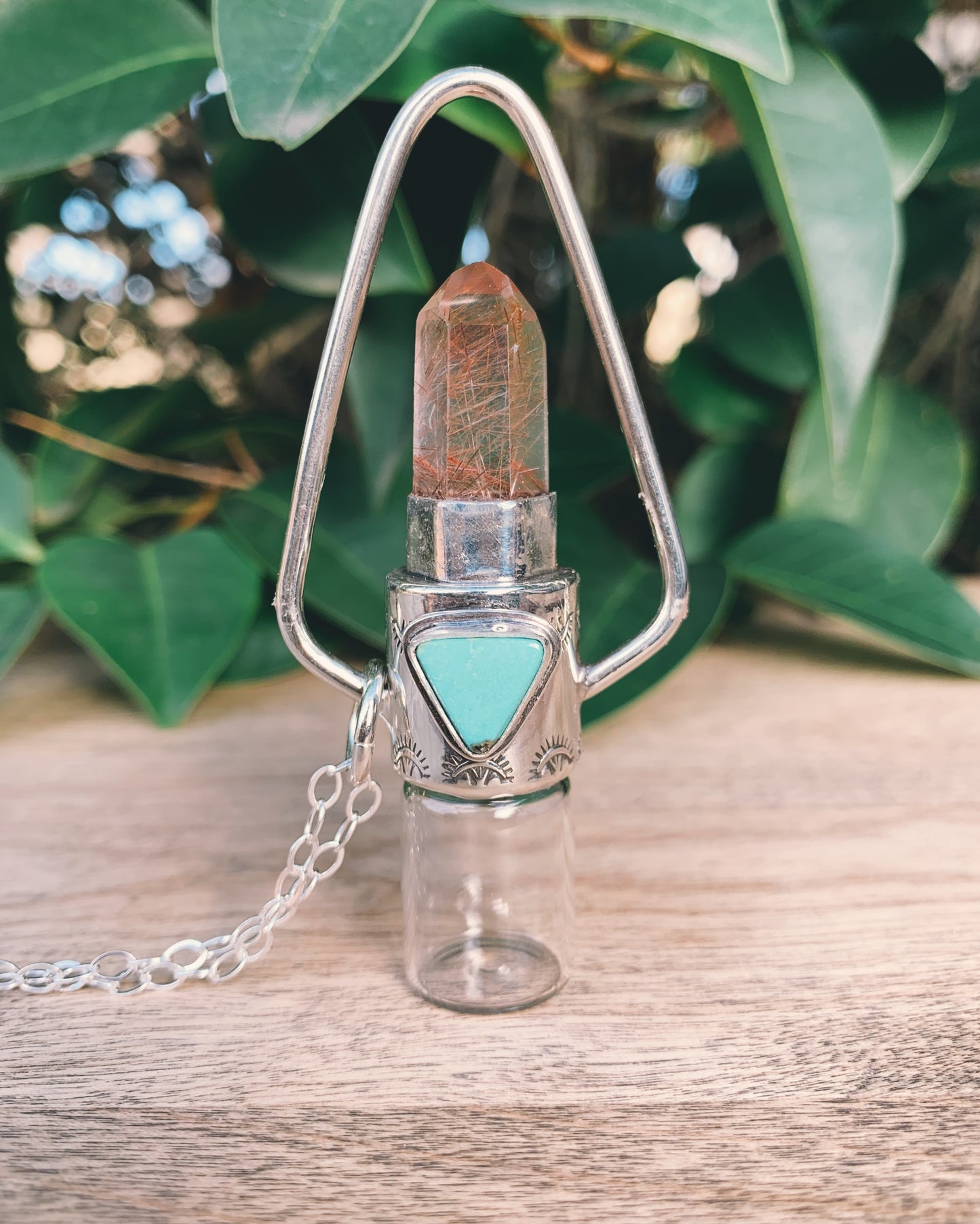 Sterling Silver Geometric - Red Rutilated Quartz with Morenci Turquoise Rollerball Necklace