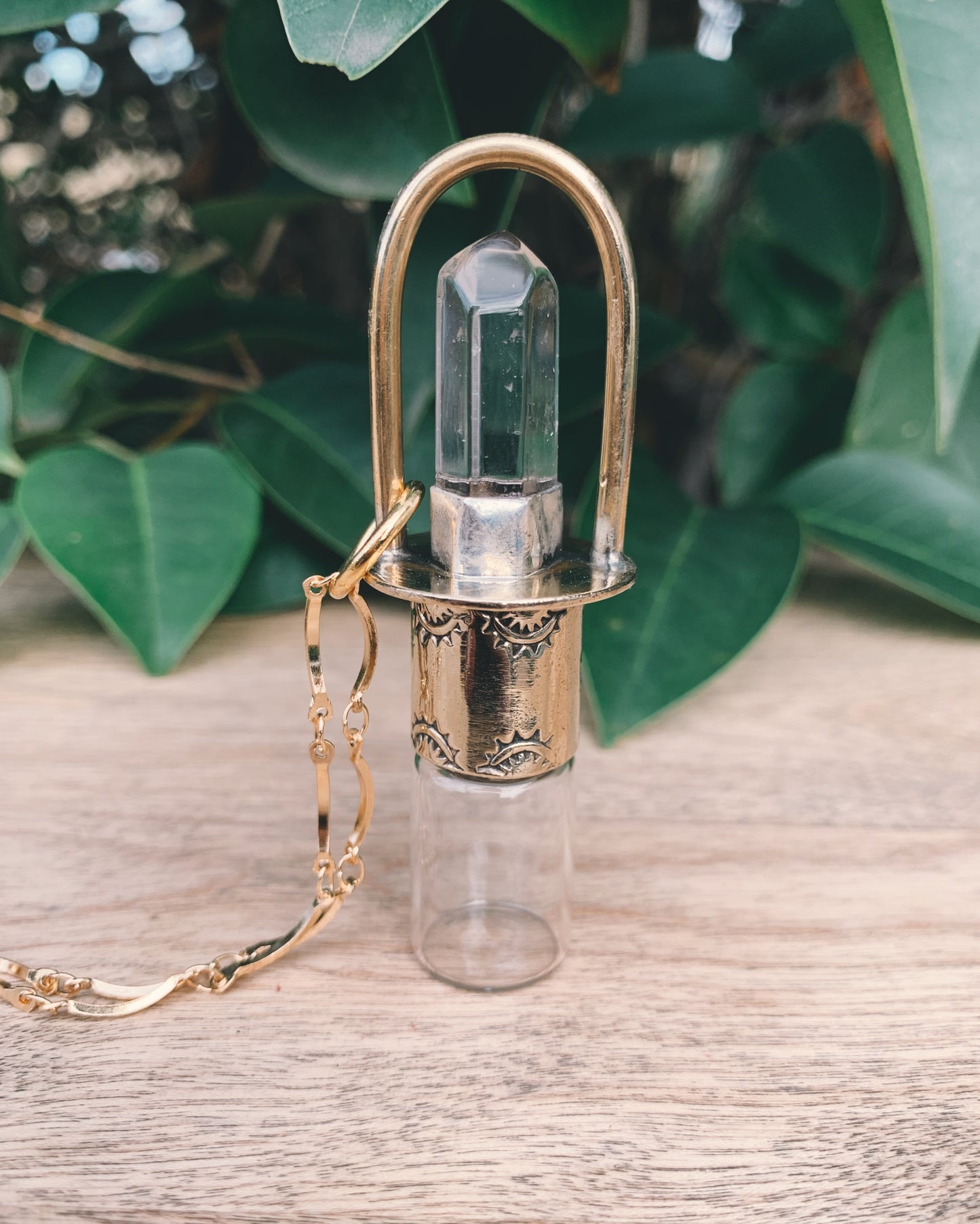 Brass Classic - Clear Quartz Rollerball Necklace