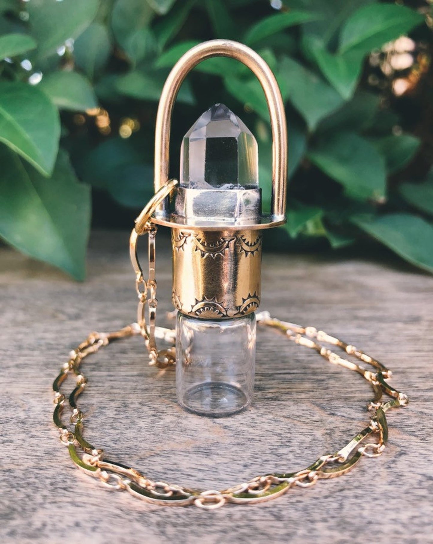 Classic - Clear Quartz and Brass Rollerball Necklace(Stamped)