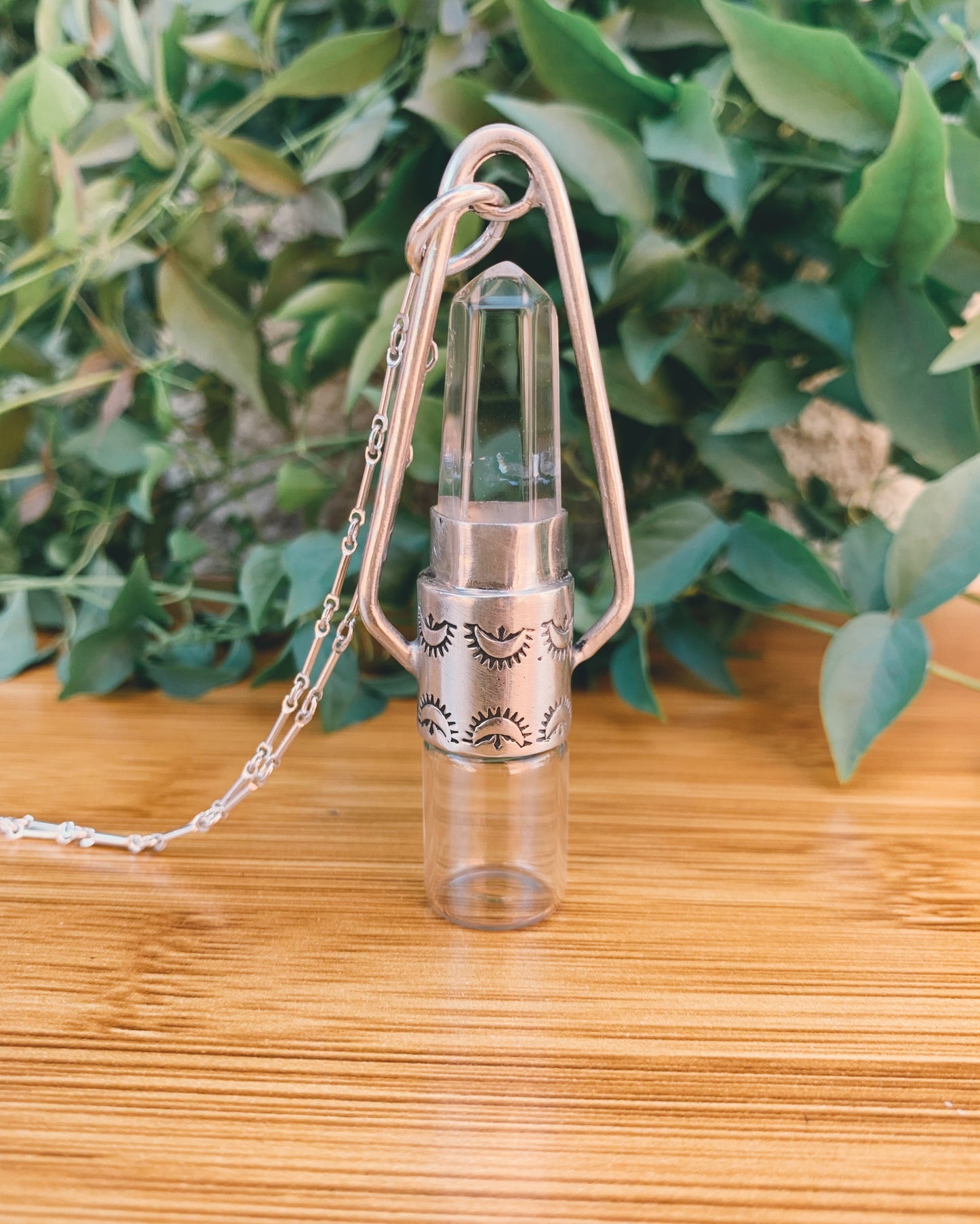 Sterling Silver Geometric - Clear Quartz Rollerball Necklace