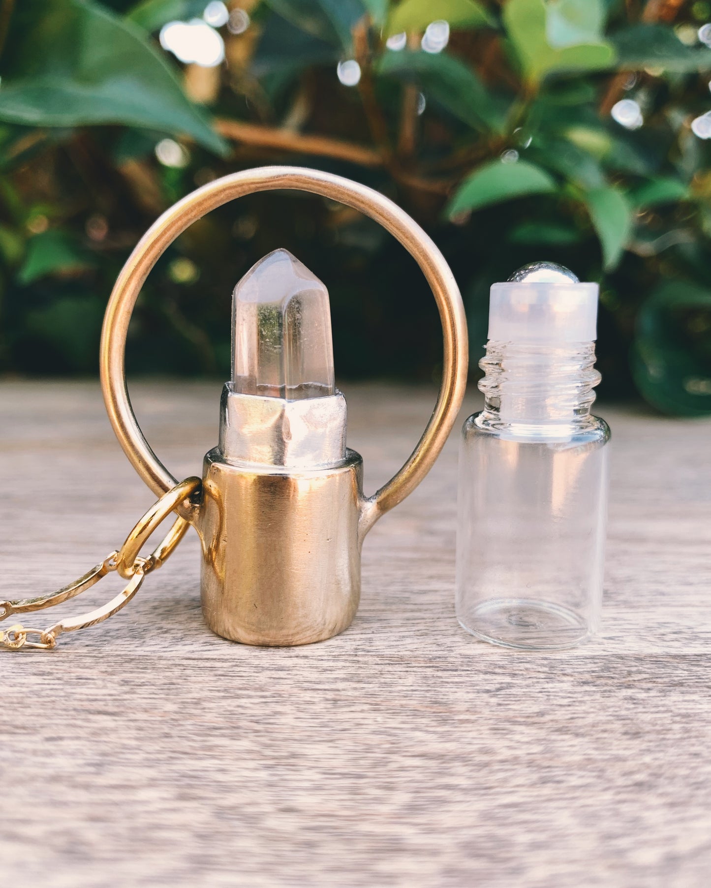 Clear Quartz and Brass Horizon Rollerball Necklace