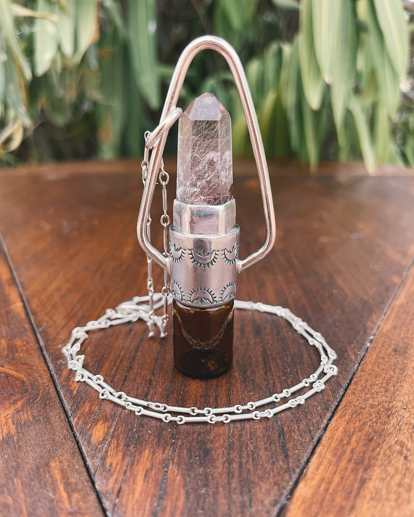 Sterling Silver Geometric - Red Rutilated Quartz Rollerball Necklace