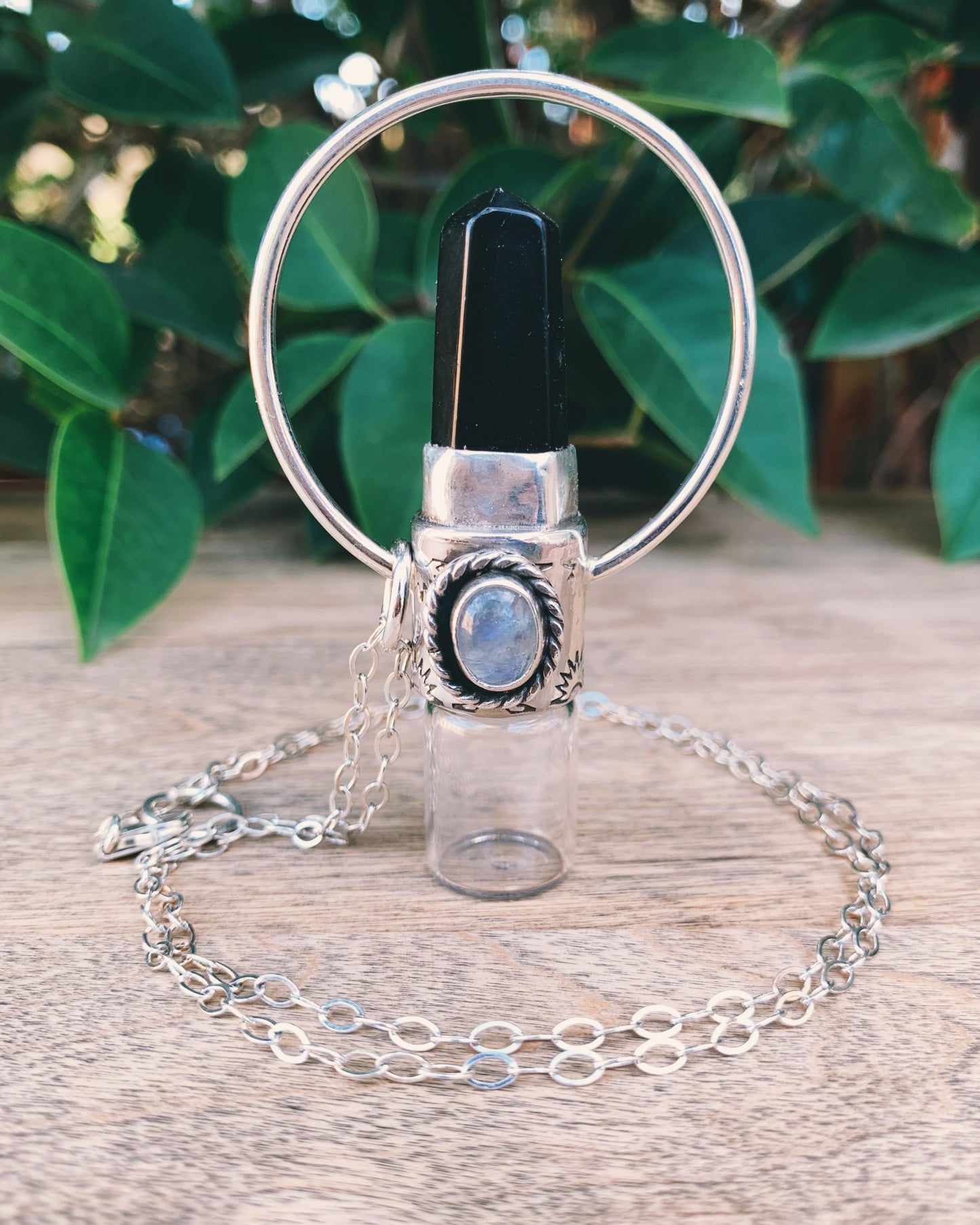 Horizon - Obsidian, Rainbow Moonstone and Sterling Silver Rollerball Necklace