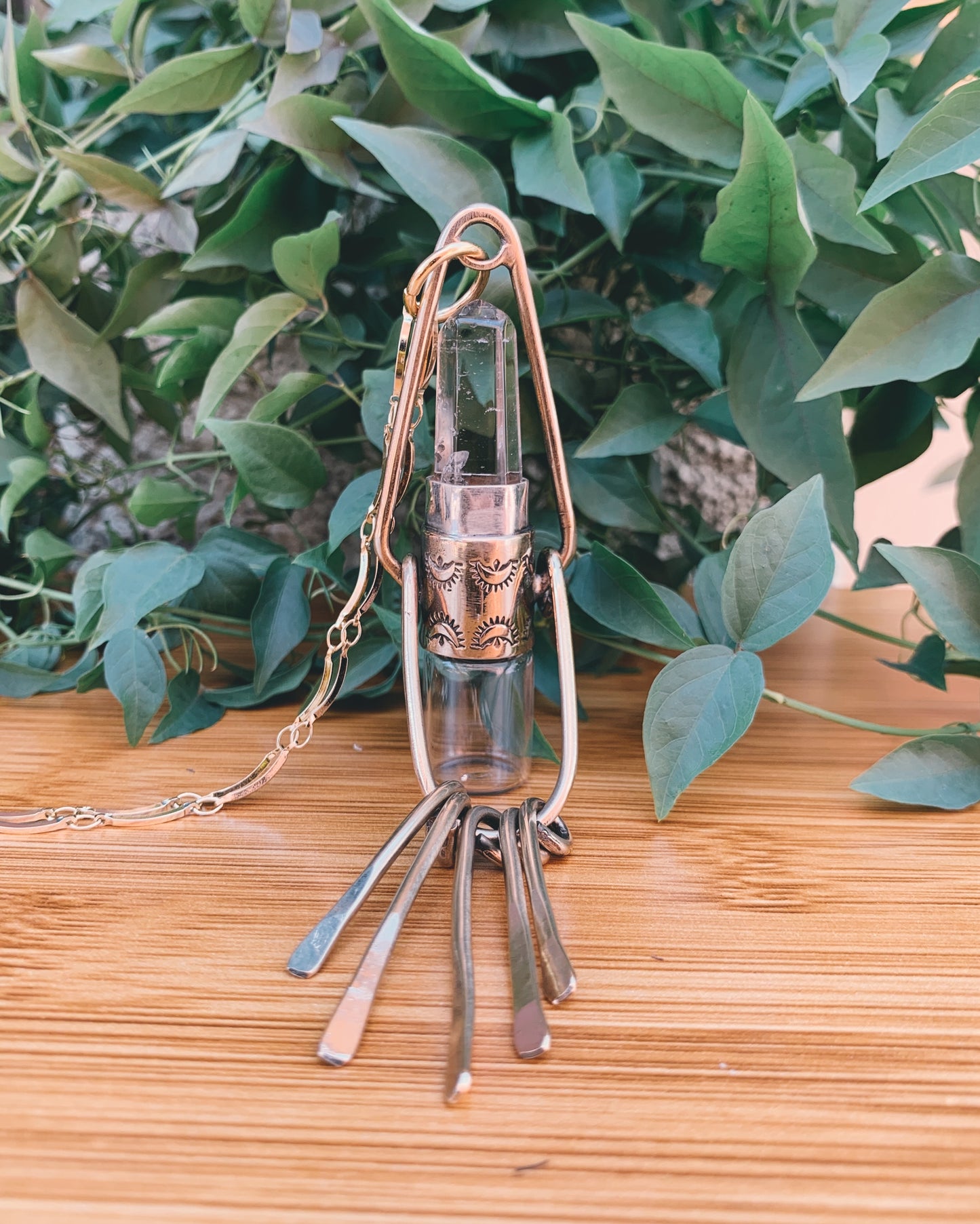Brass Fringe - Clear Quartz Rollerball Necklace