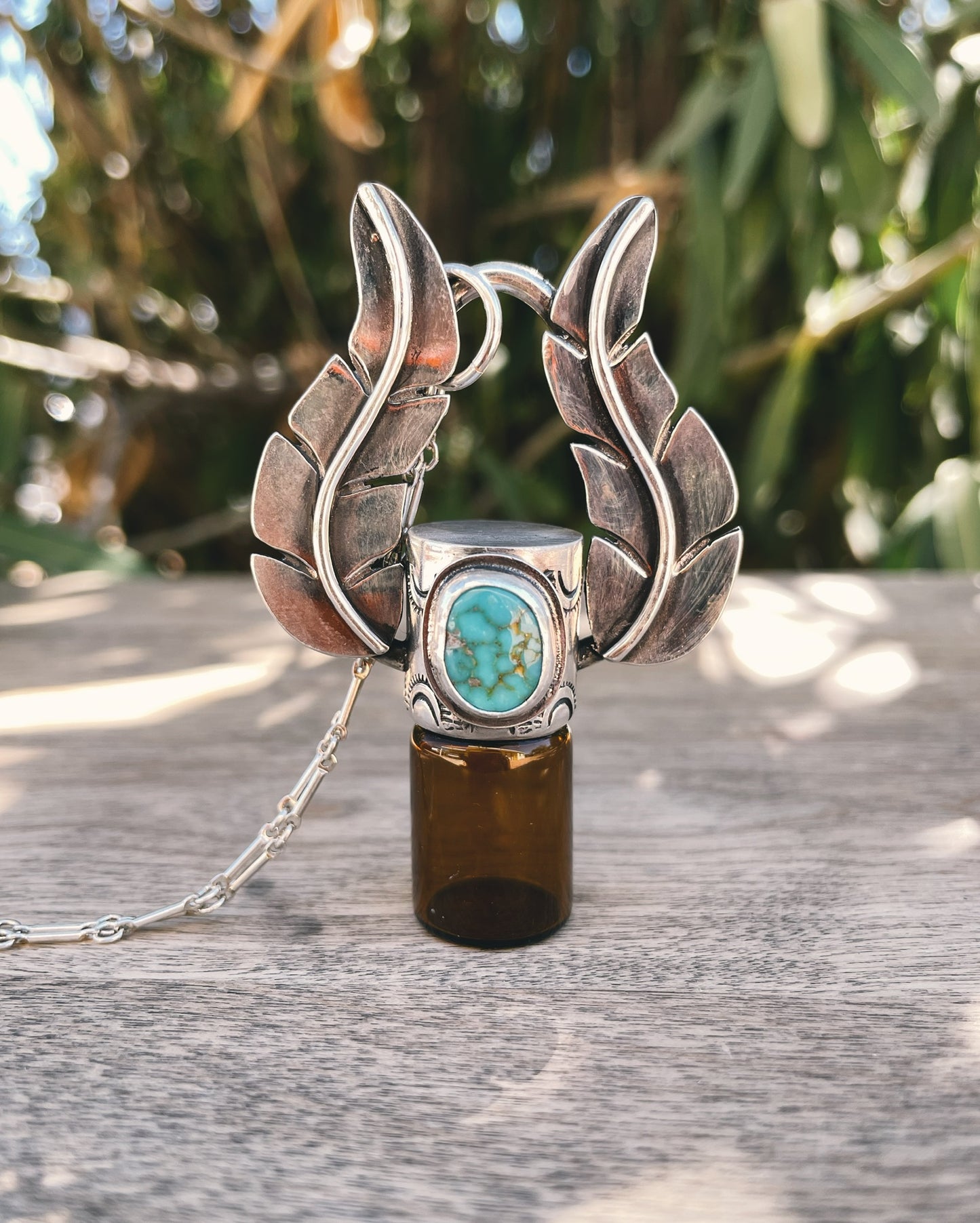 Sterling Silver Geometric Leafy - Royston Turquoise Rollerball Necklace