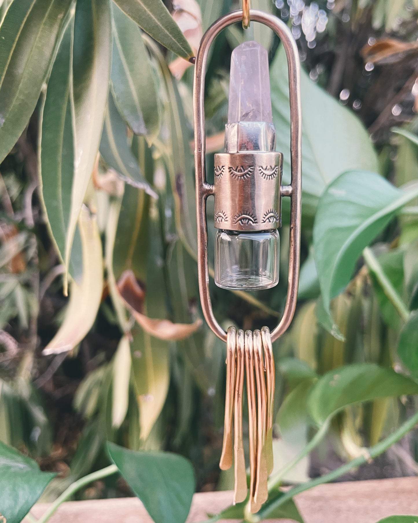 Brass Lucid Fringe - Rose Quartz Rollerball Necklace