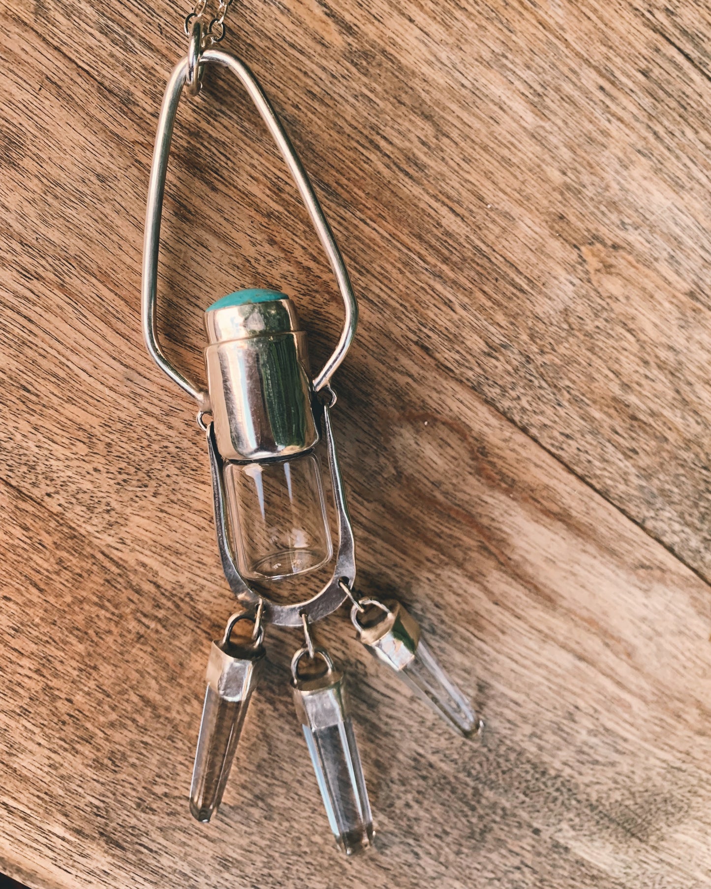 Sterling Silver Geometric Crystal Fringe - Clear Quartz + Hachita Turquoise Rollerball Necklace