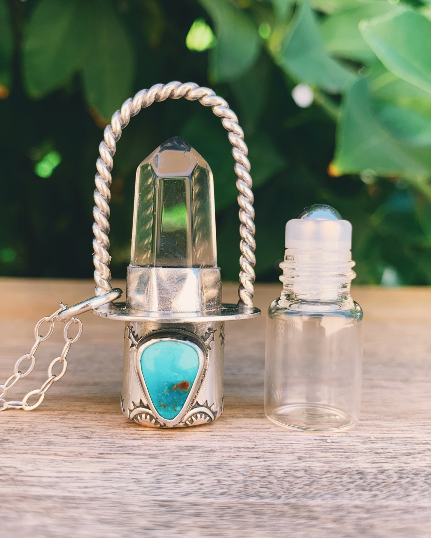 Clear Quartz and Candelaria Turquoise Rollerball Necklace