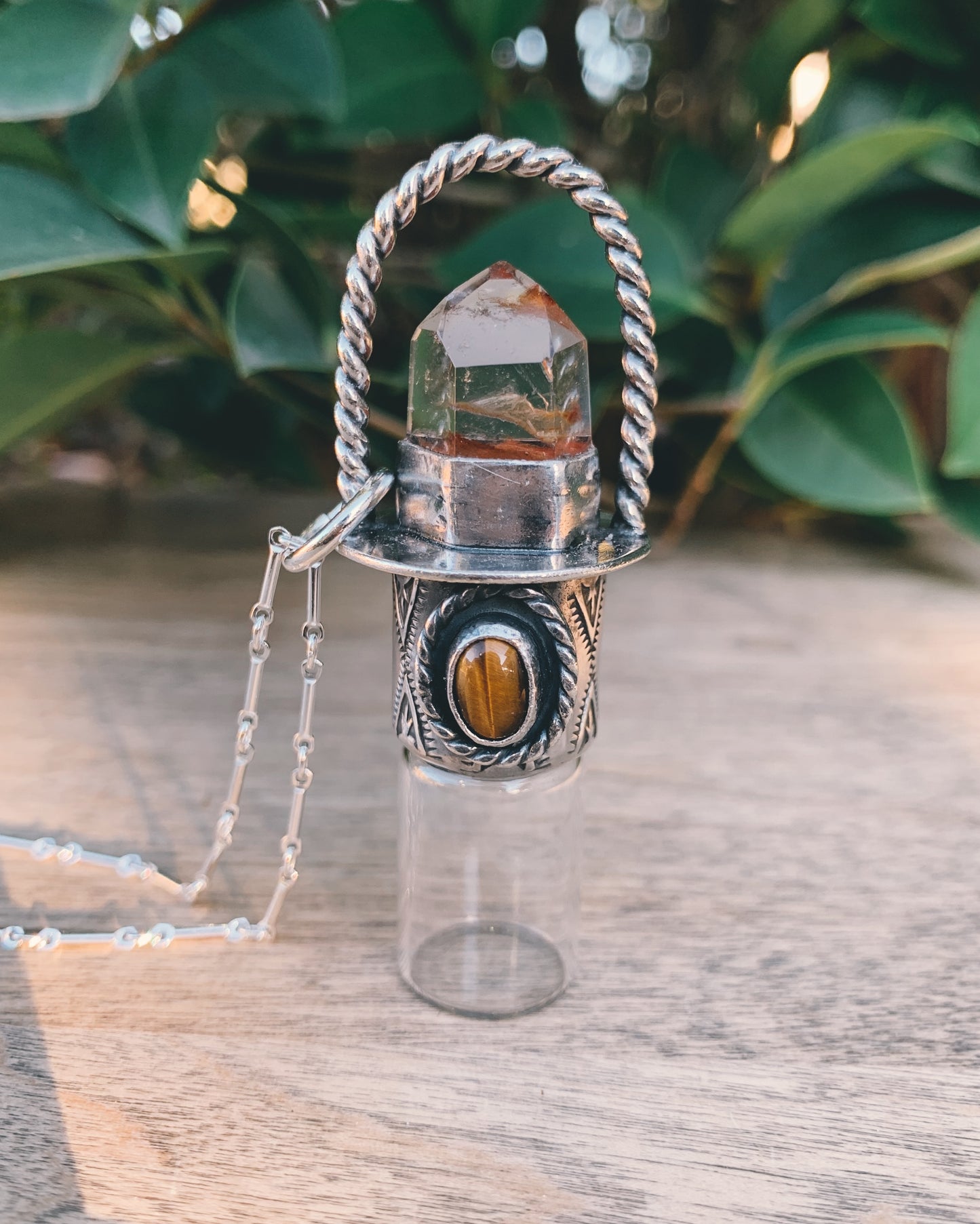 Sterling Silver Classic - Amphibole Quartz and Tiger's Eye Rollerball Necklace