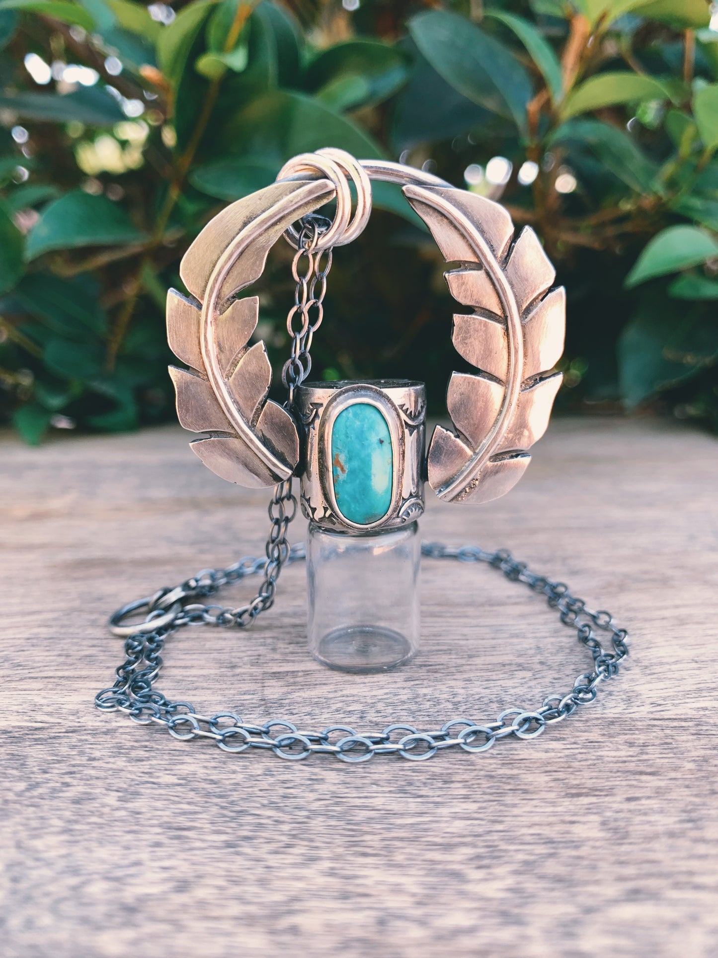 Candelaria Turquoise Leaves and Sterling Silver Horizon Rollerball Necklace